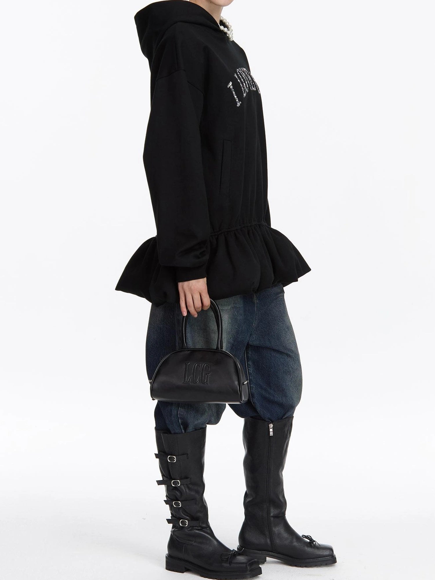 LYUOCHENG I Love Gou Embroidered Bubble Hem Hoodie