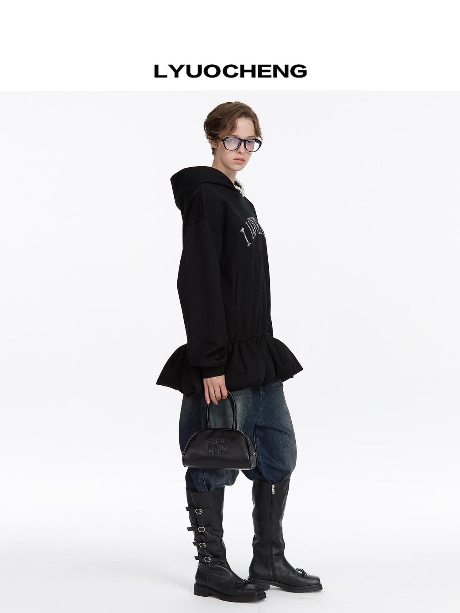 LYUOCHENG I Love Gou Embroidered Bubble Hem Hoodie