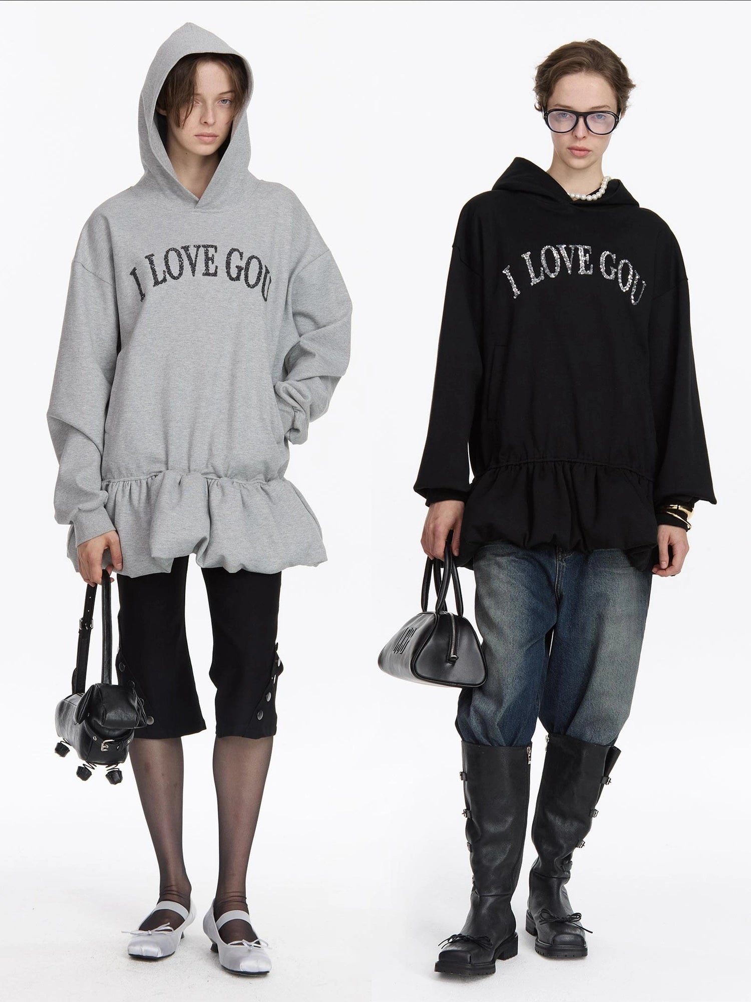 LYUOCHENG I Love Gou Embroidered Bubble Hem Hoodie