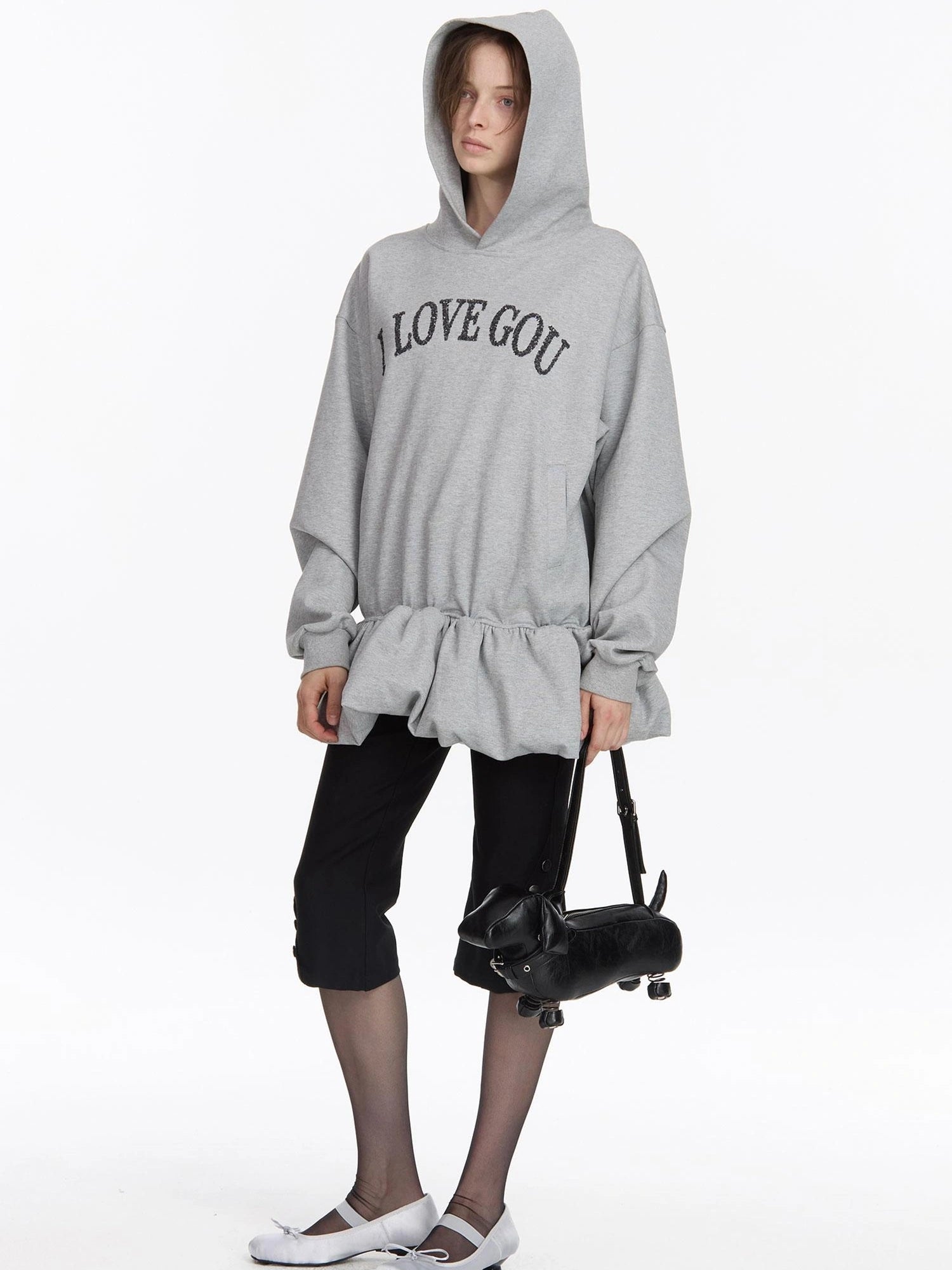 LYUOCHENG I Love Gou Embroidered Bubble Hem Hoodie
