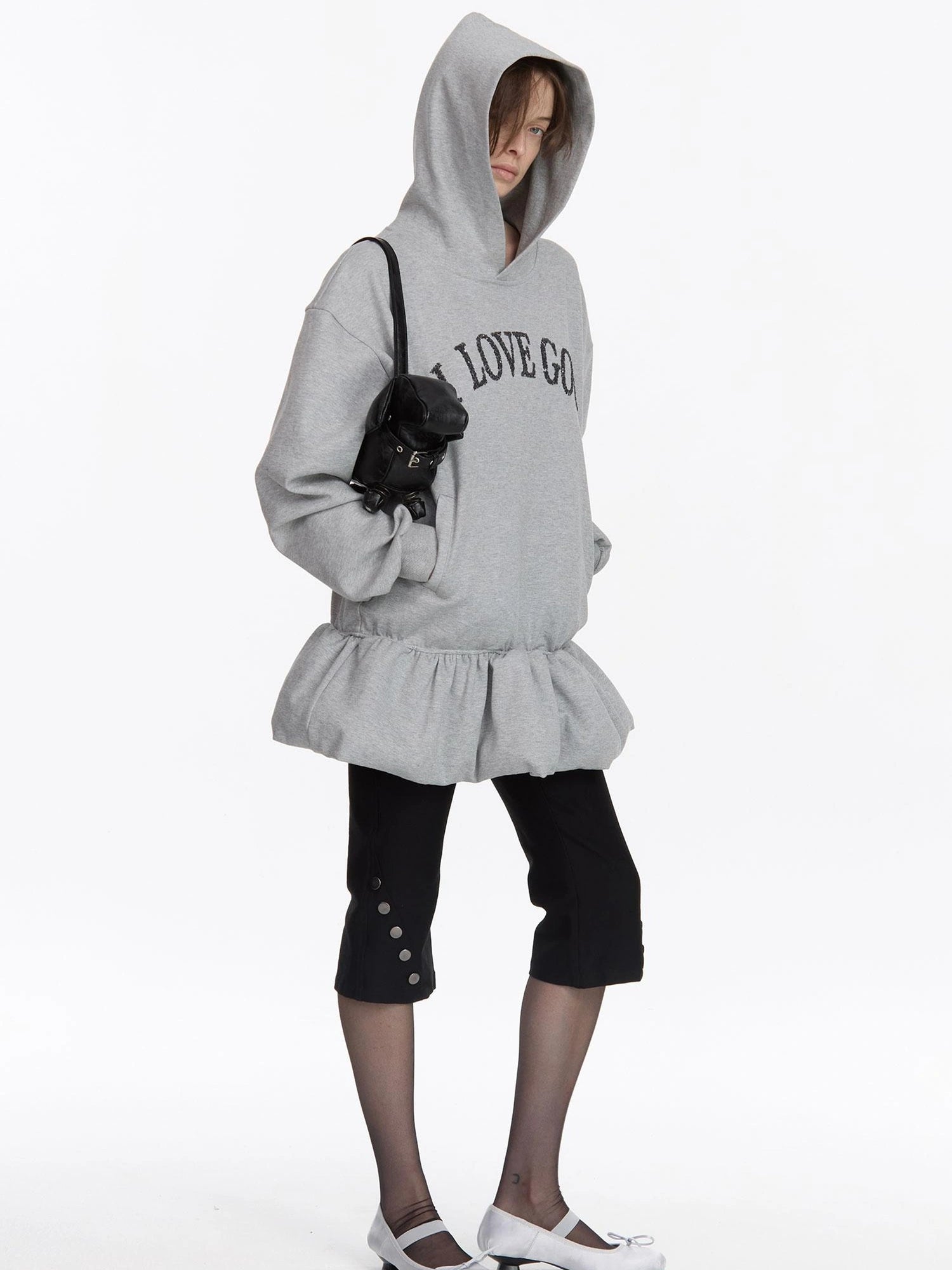 LYUOCHENG I Love Gou Embroidered Bubble Hem Hoodie