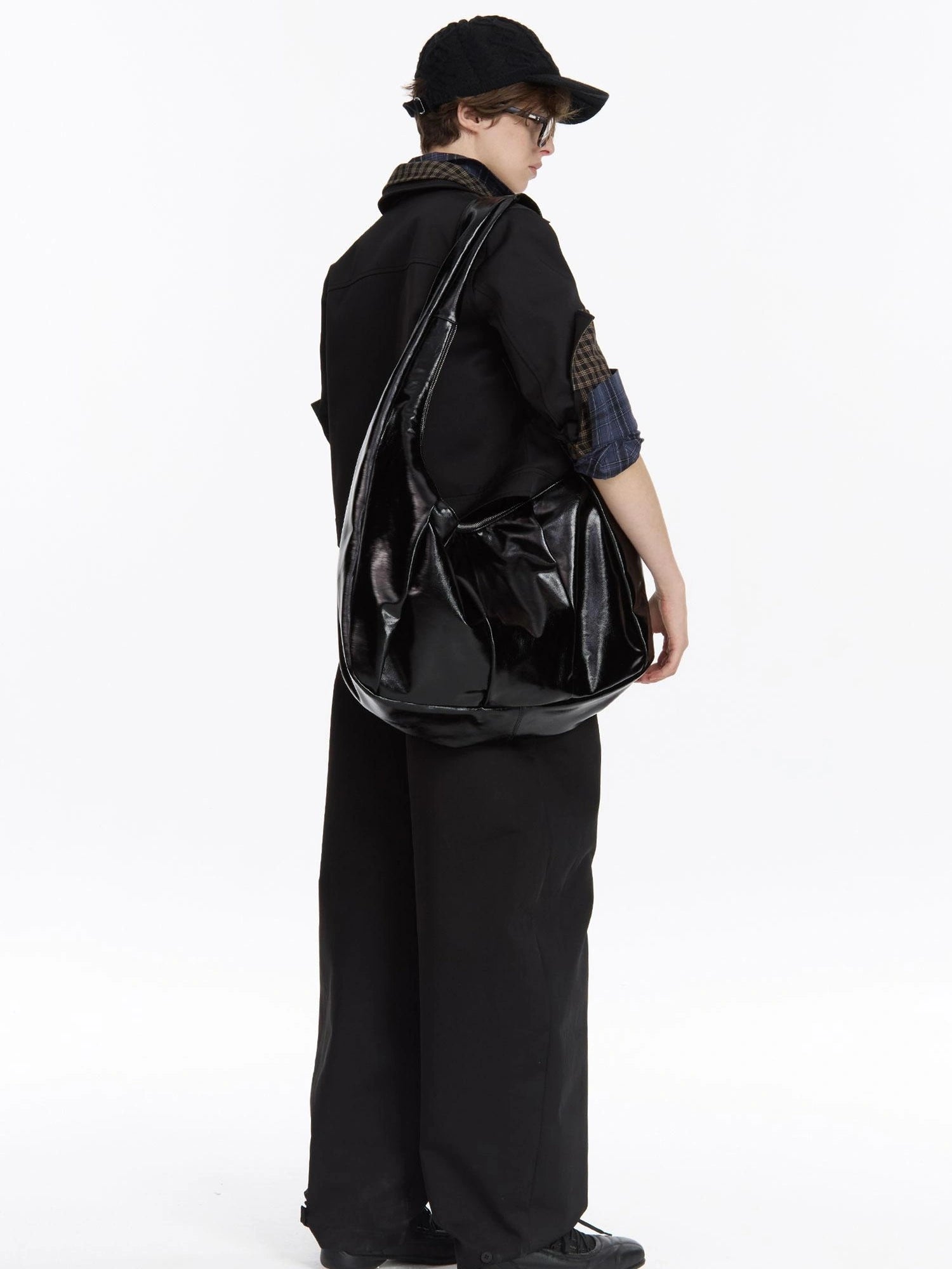 Leather Crescent Hobo Bag Black
