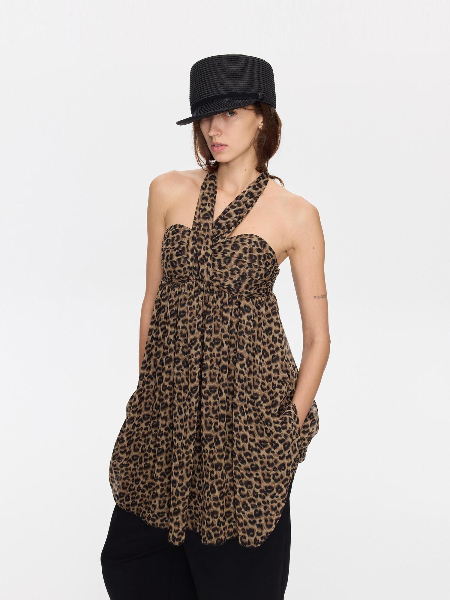 LYUOCHENG Leopard Print Draped Ribbon Padded Bust Women&