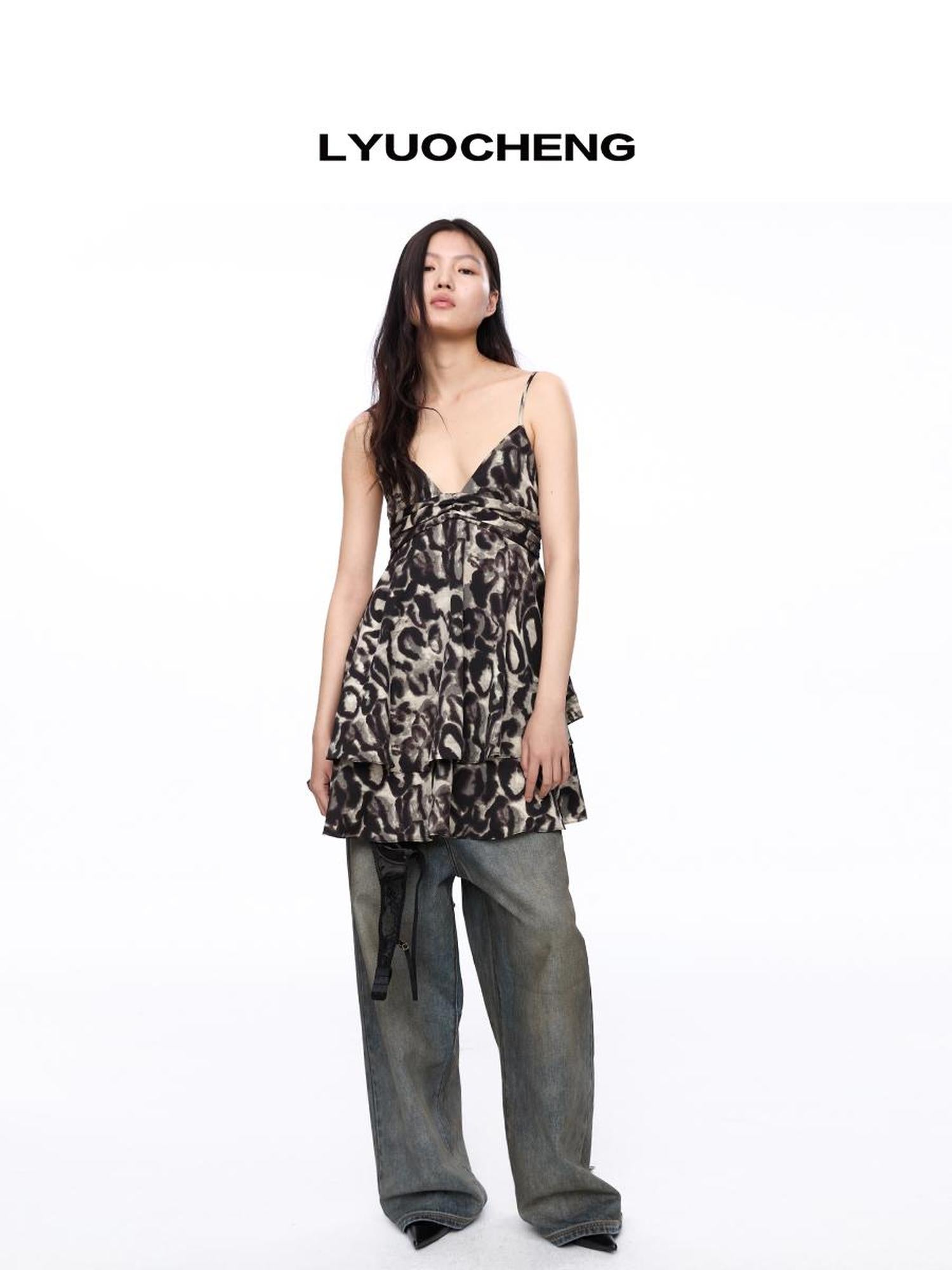 LYUOCHENG Leopard Print Flounced Hem Camisole Dress