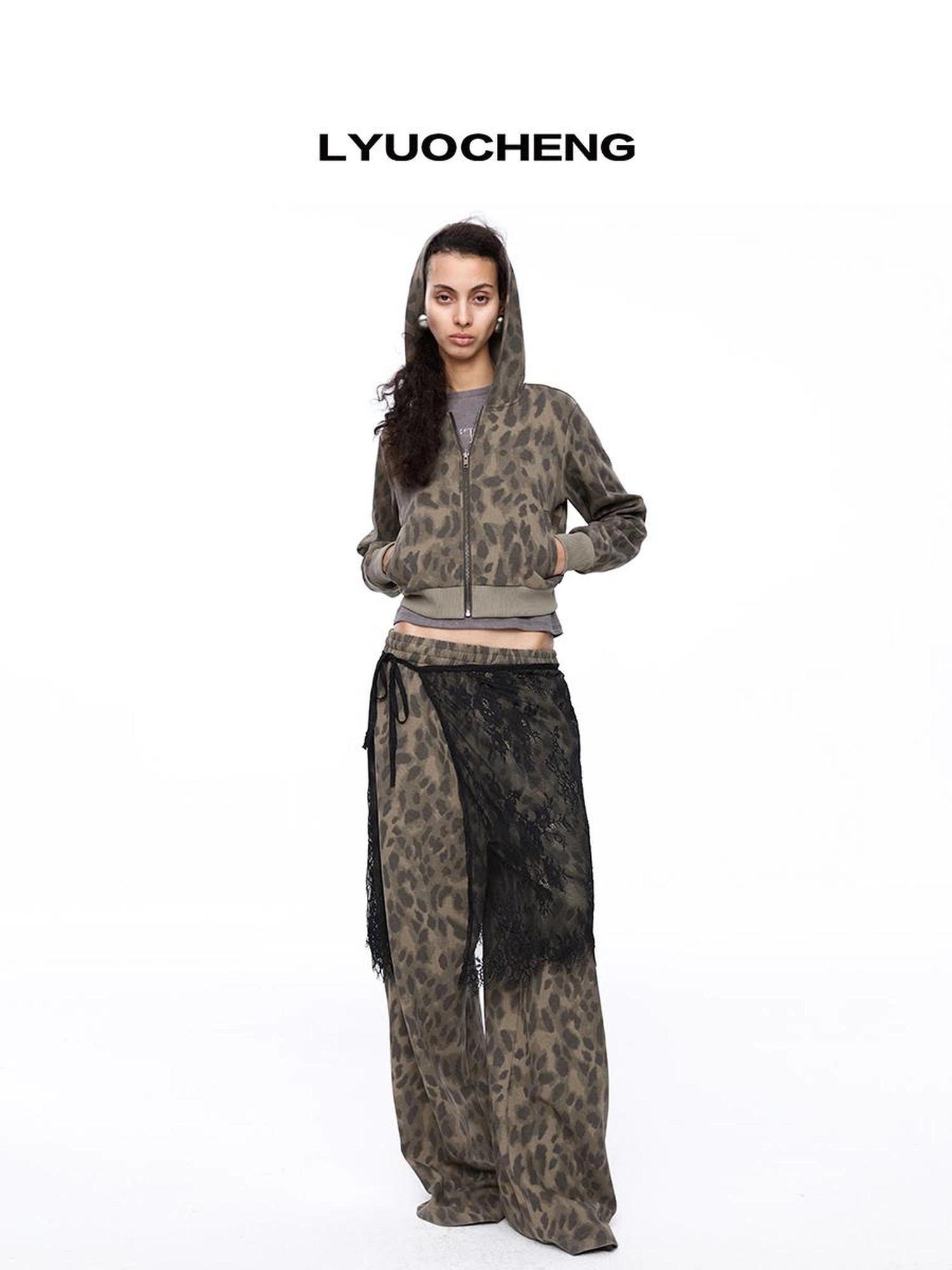 LYUOCHENG Leopard Print Knit Hoodie And Sweatpants Set