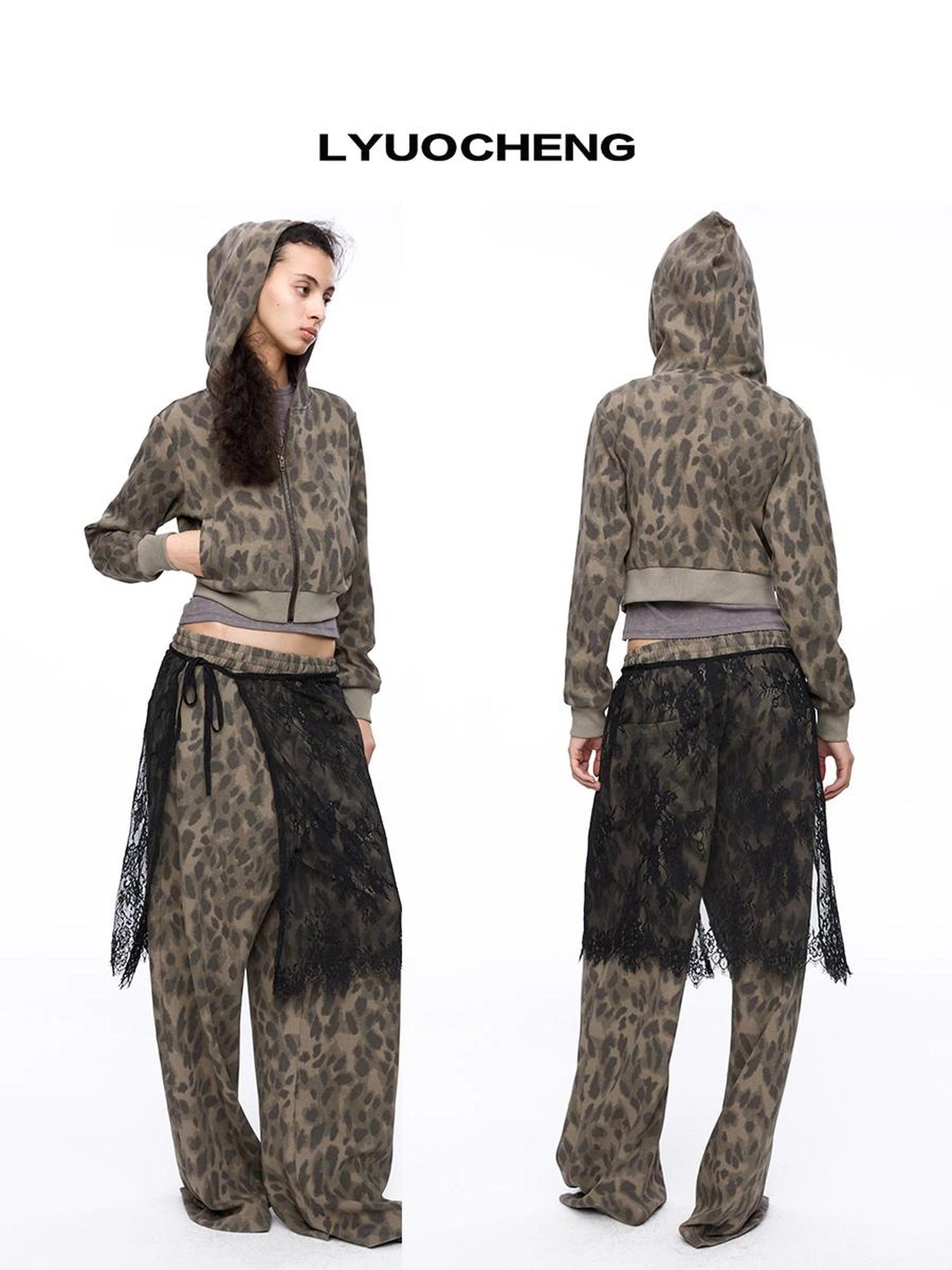 LYUOCHENG Leopard Print Knit Hoodie And Sweatpants Set