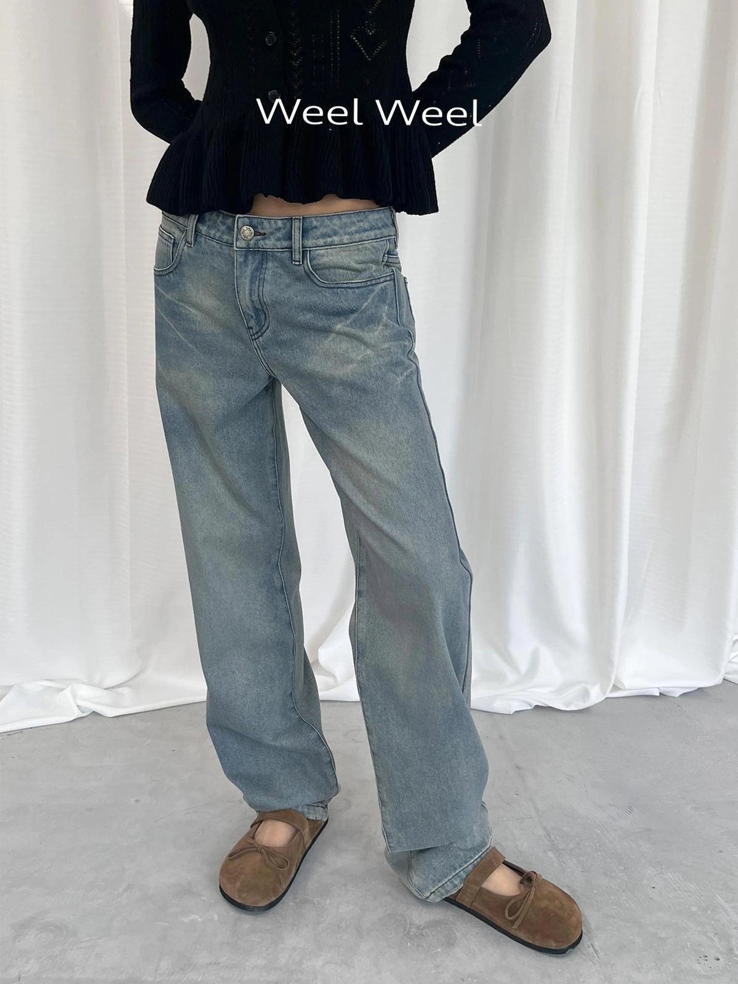 LYUOCHENG Light Blue Washed Straight Leg Jeans