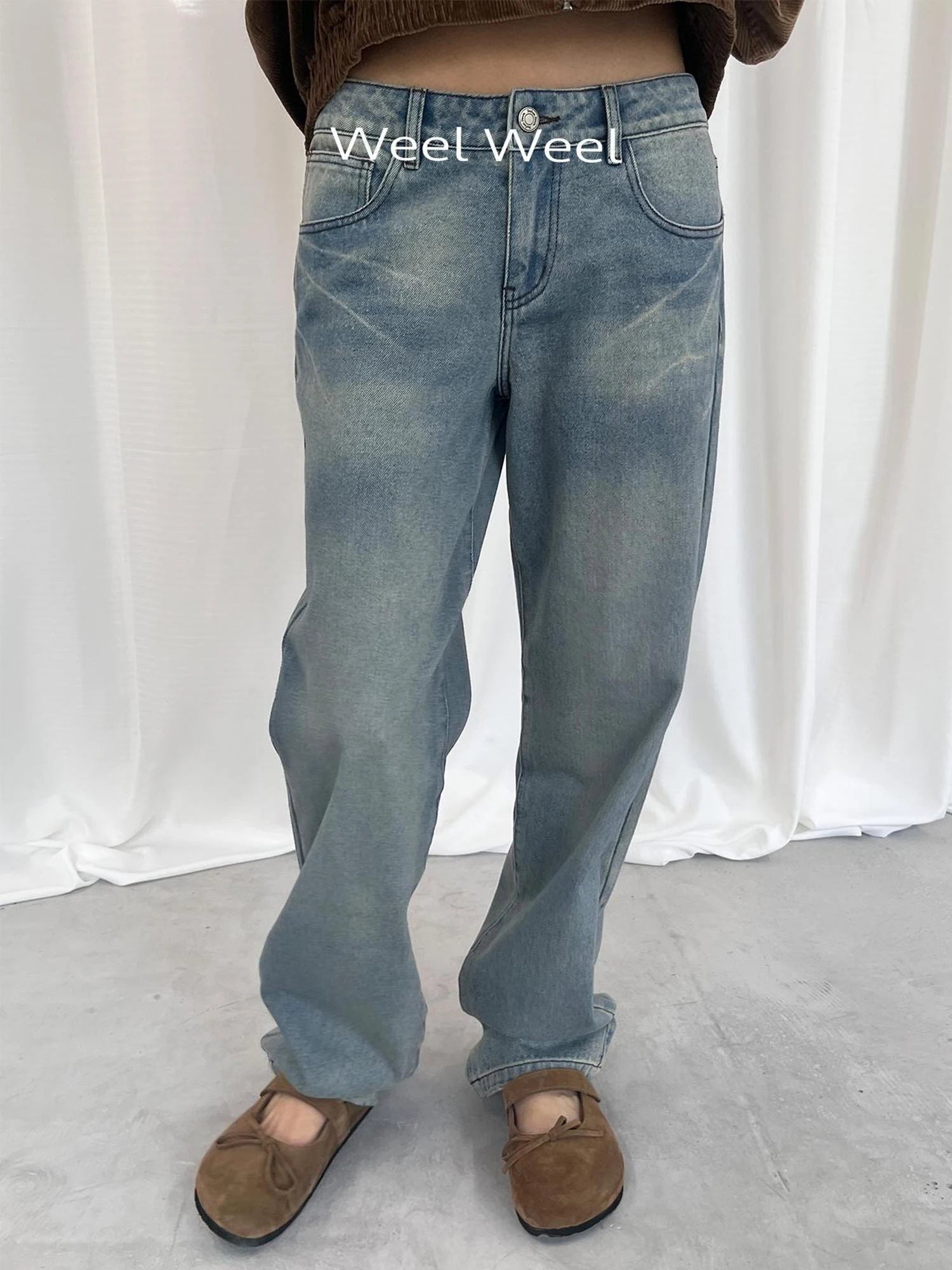 LYUOCHENG Light Blue Washed Straight Leg Jeans