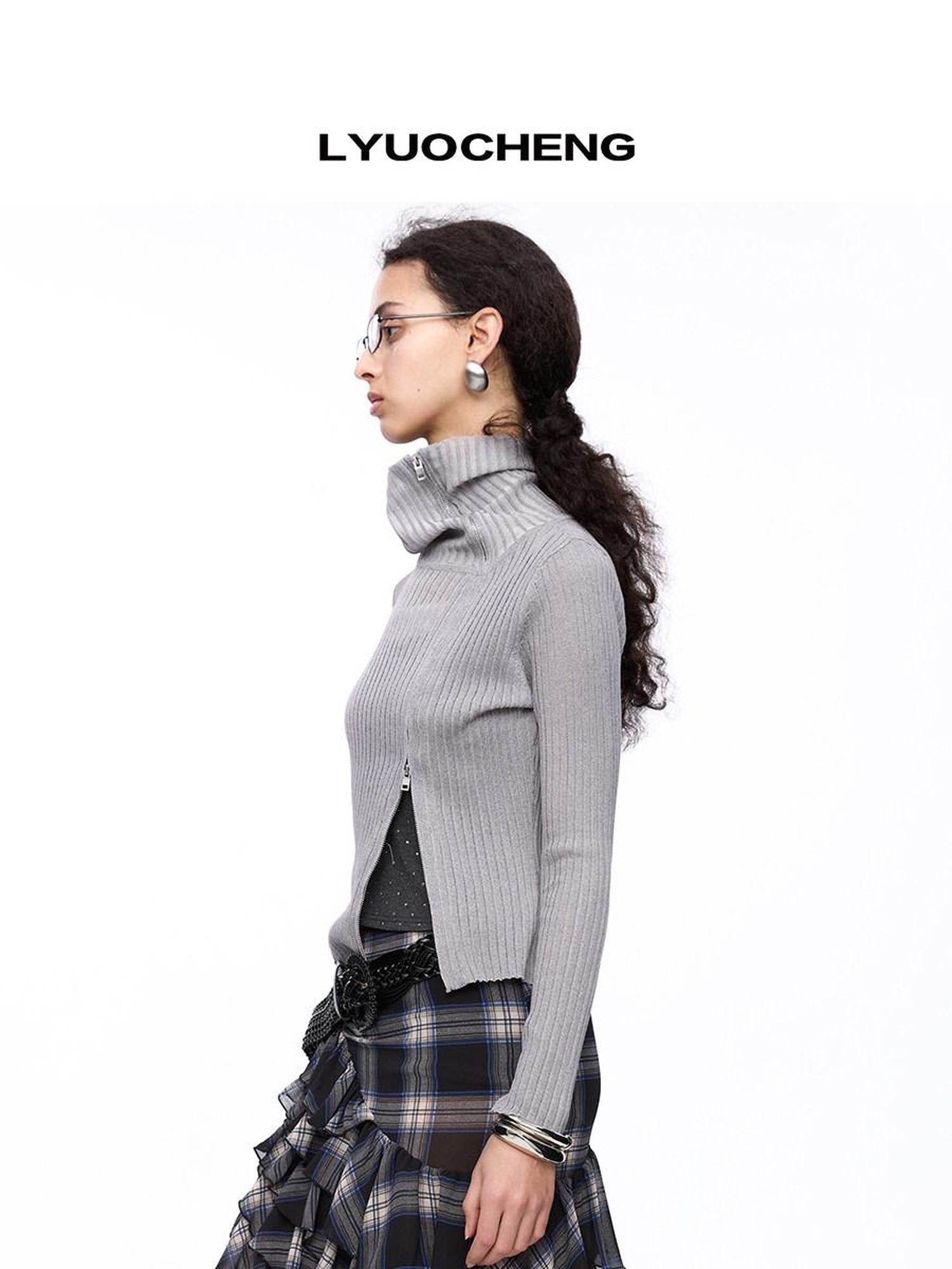 LYUOCHENG Light Grey Asymmetric Zip Large Lapel Slim Fit Women&