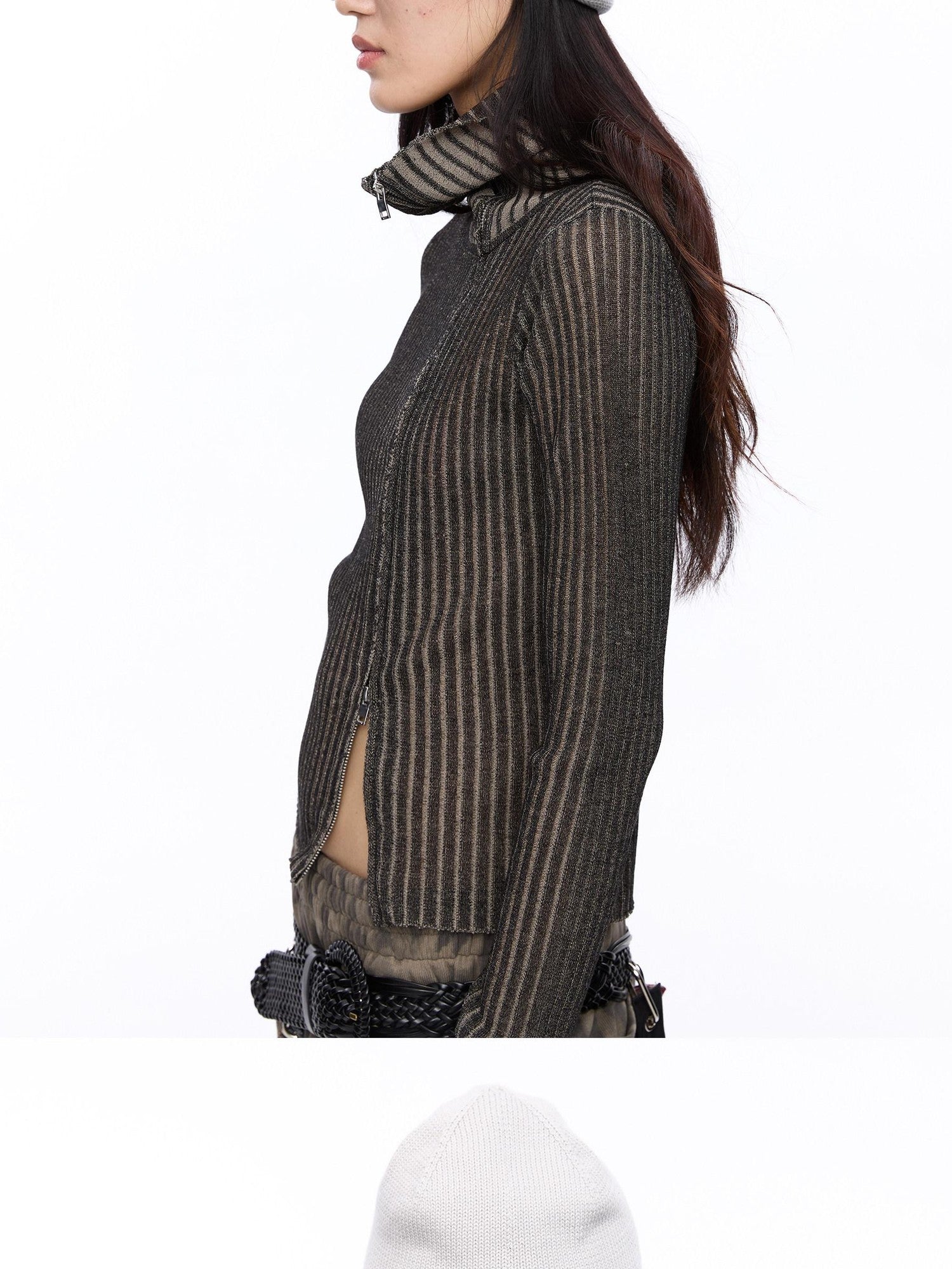LYUOCHENG Light Grey Asymmetric Zip Large Lapel Slim Fit Women&
