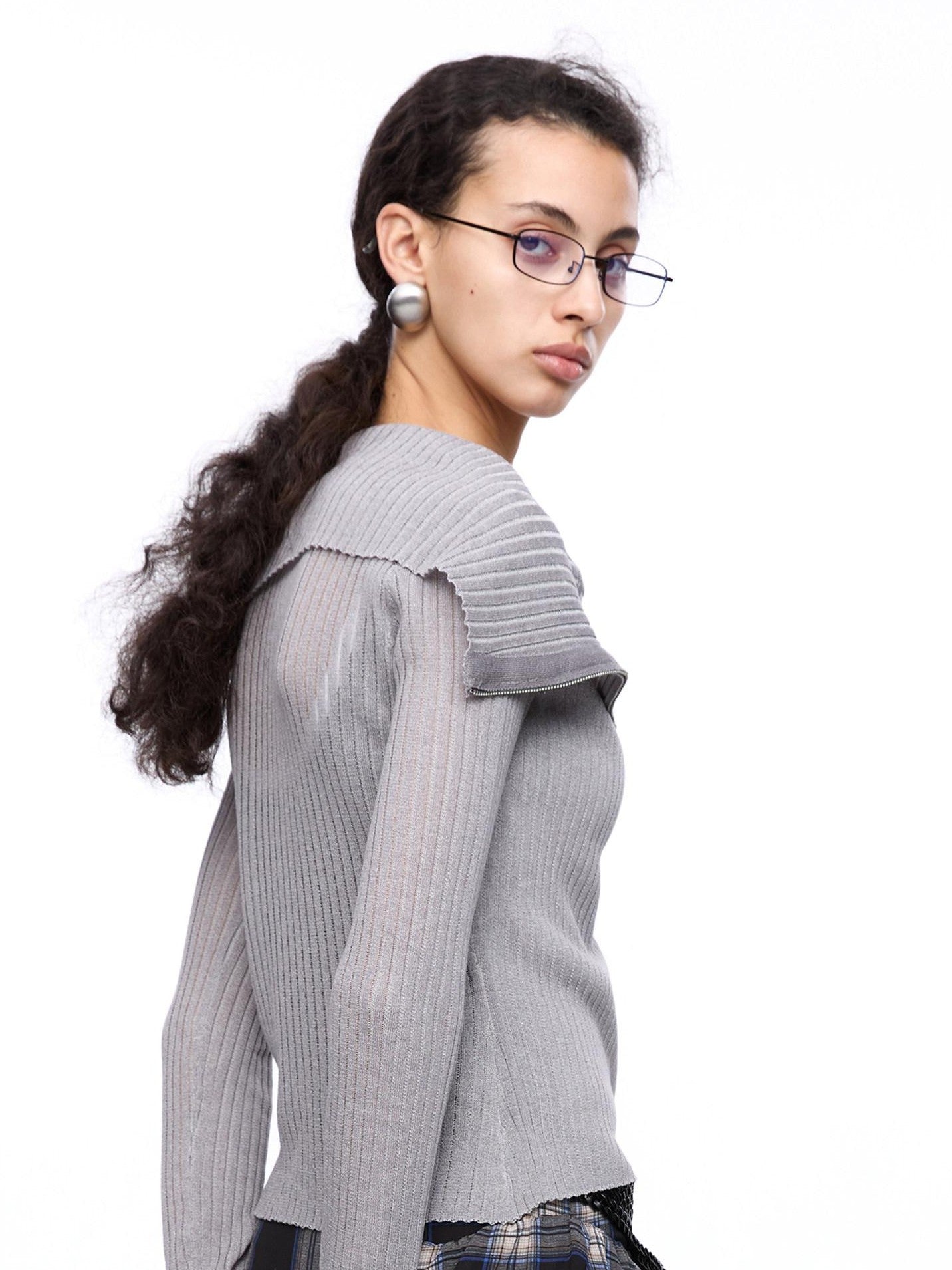 LYUOCHENG Light Grey Asymmetric Zip Large Lapel Slim Fit Women&