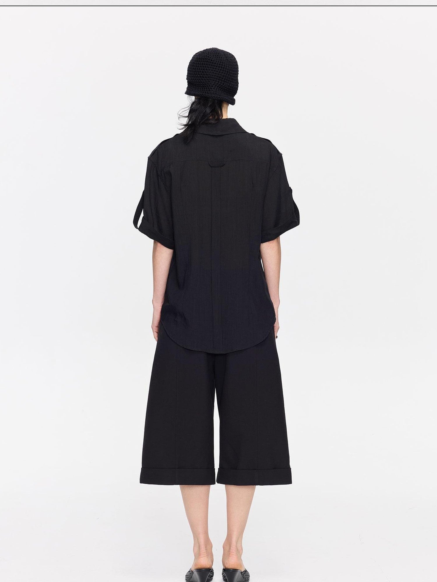 LYUOCHENG Loose Minimal Vintage Workwear Collared Rolled Hem Women&