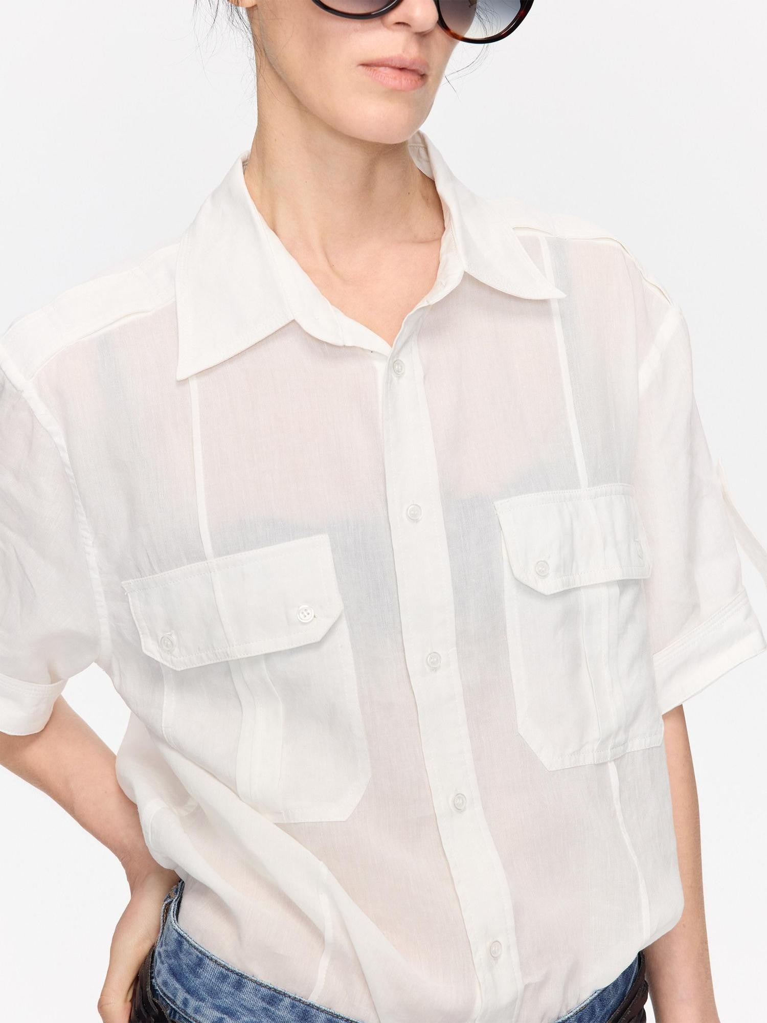 LYUOCHENG Loose Minimal Vintage Workwear Collared Rolled Hem Women&