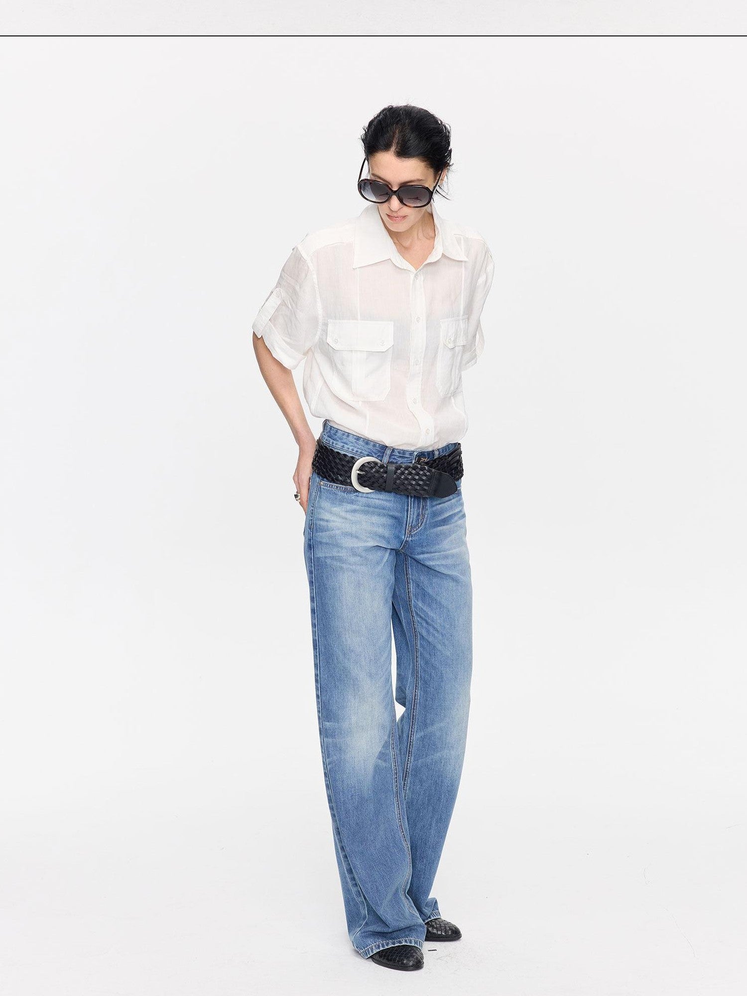 LYUOCHENG Loose Minimal Vintage Workwear Collared Rolled Hem Women&