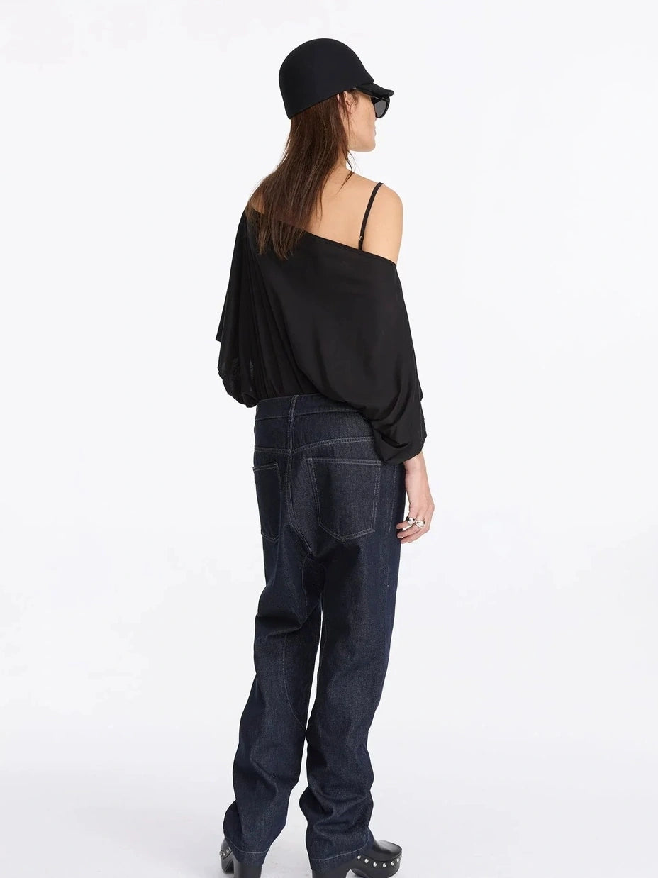LYUOCHENG Low Crotch Raw Denim Wide Leg Jeans