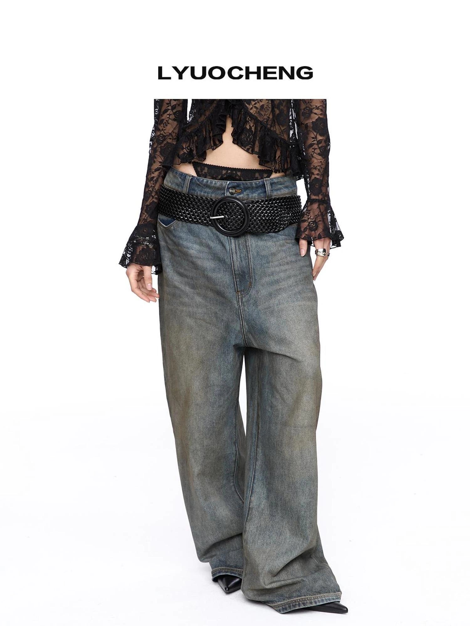 Low Crotch Washed Wide Leg Jeans With Distressed Hem