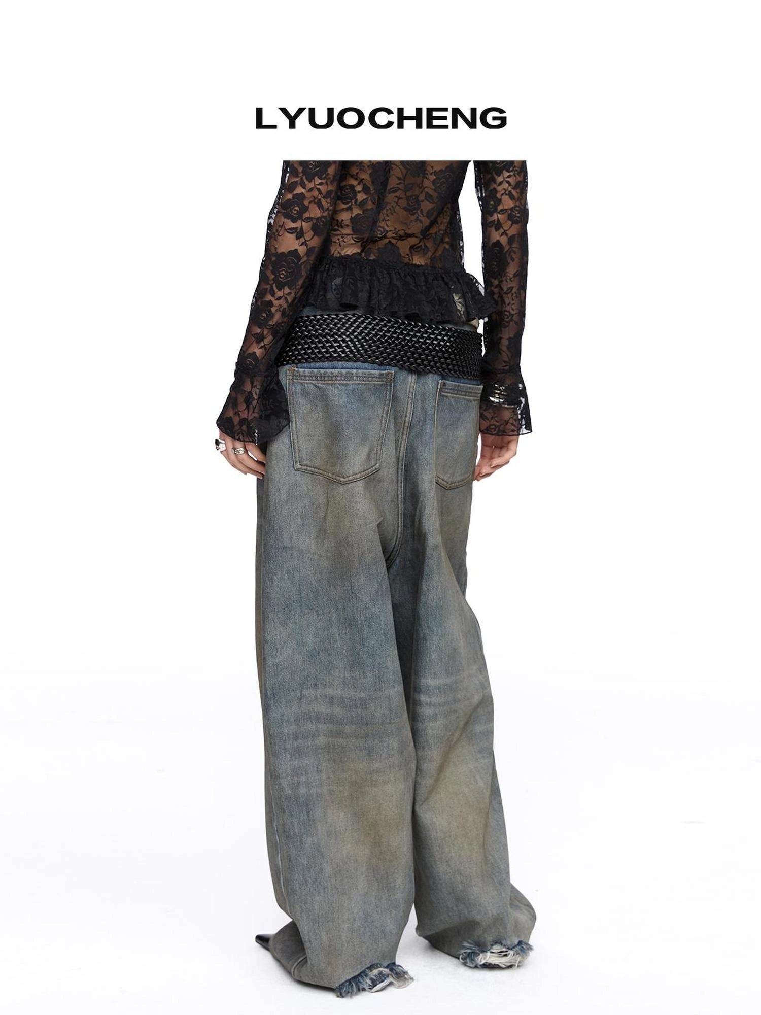 Low Crotch Washed Wide Leg Jeans With Distressed Hem