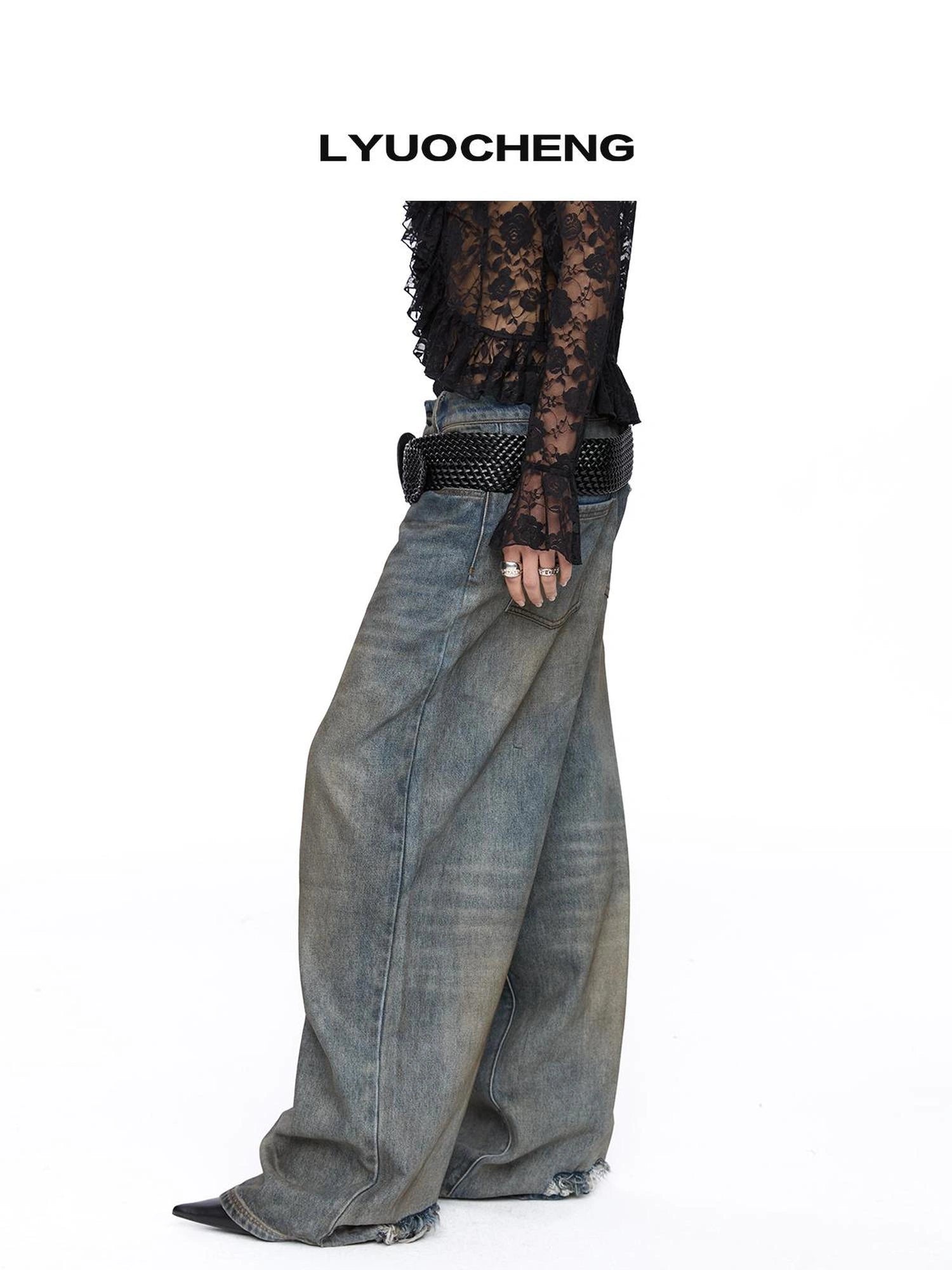 Low Crotch Washed Wide Leg Jeans With Distressed Hem
