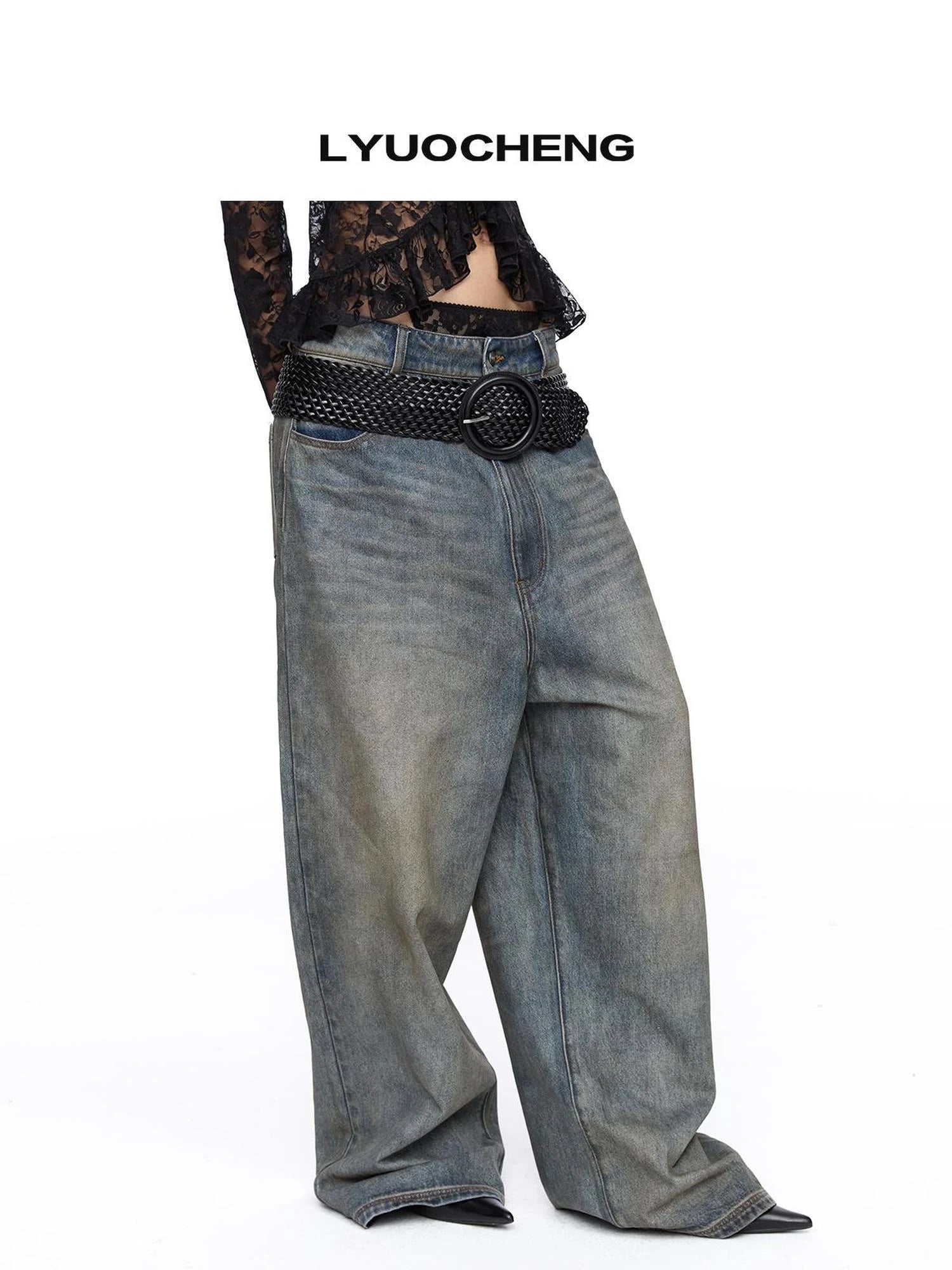 Low Crotch Washed Wide Leg Jeans With Distressed Hem