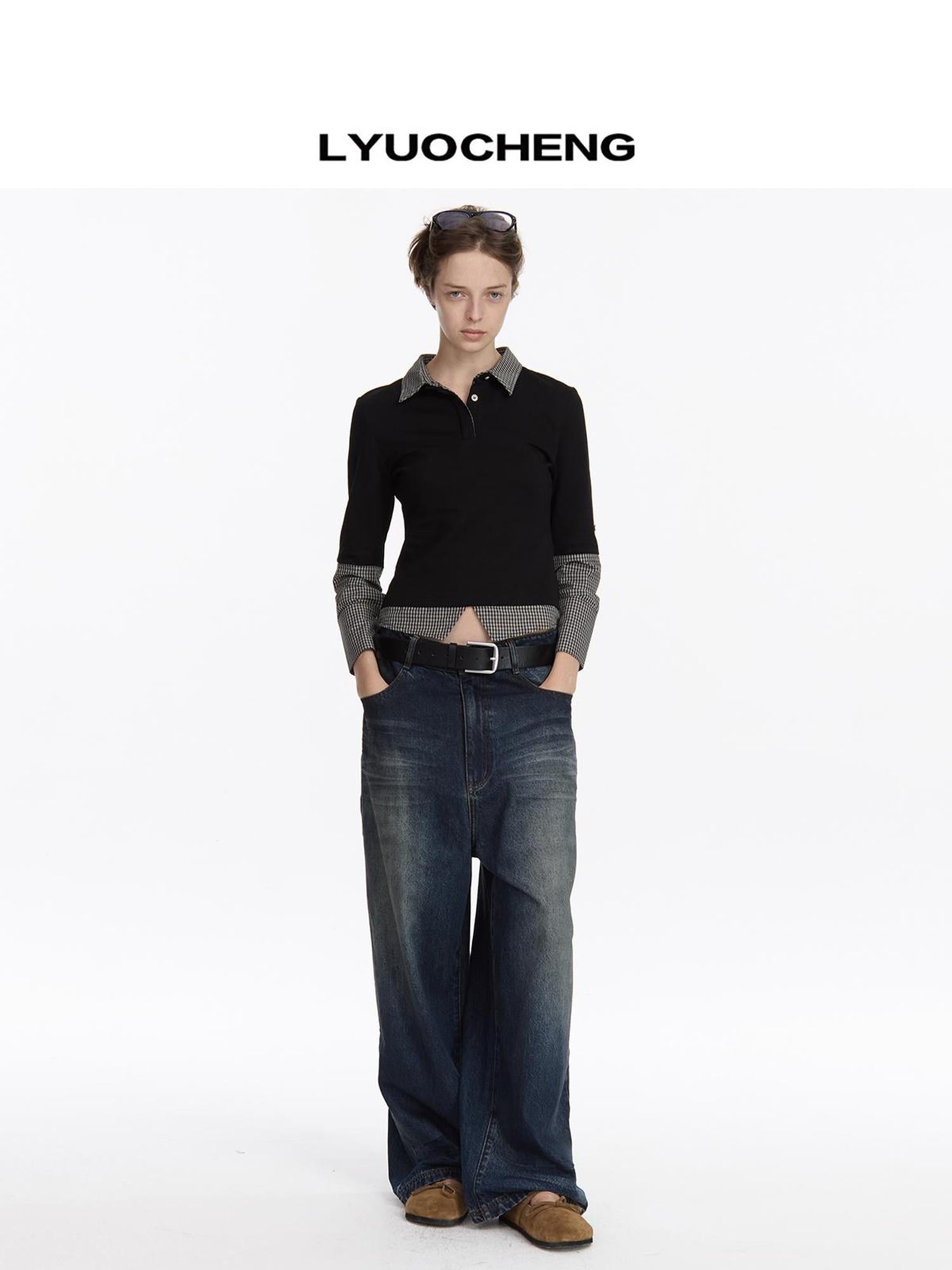 LYUOCHENG Low Rise Distressed Vintage Washed Denim Jeans