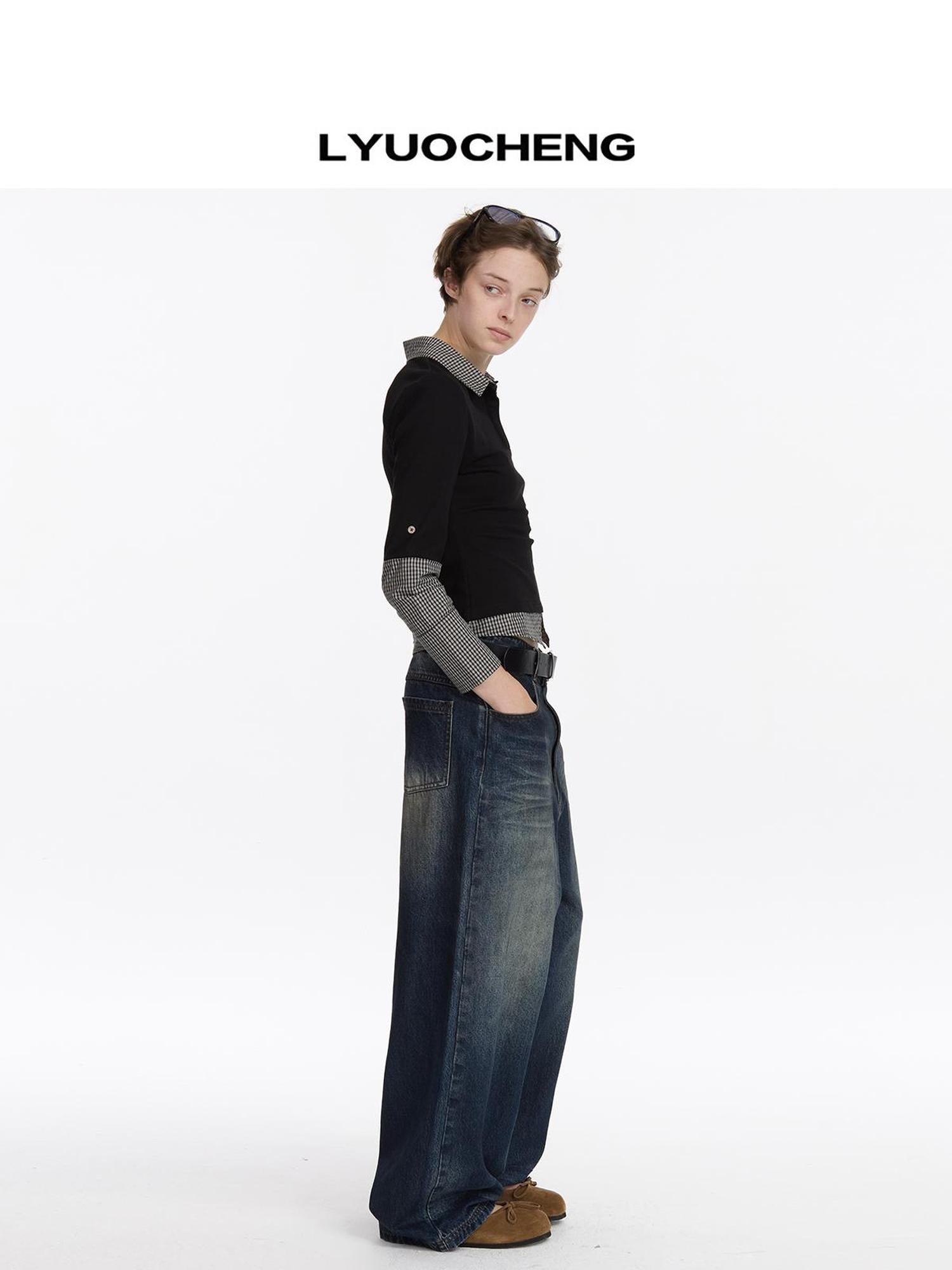 LYUOCHENG Low Rise Distressed Vintage Washed Denim Jeans