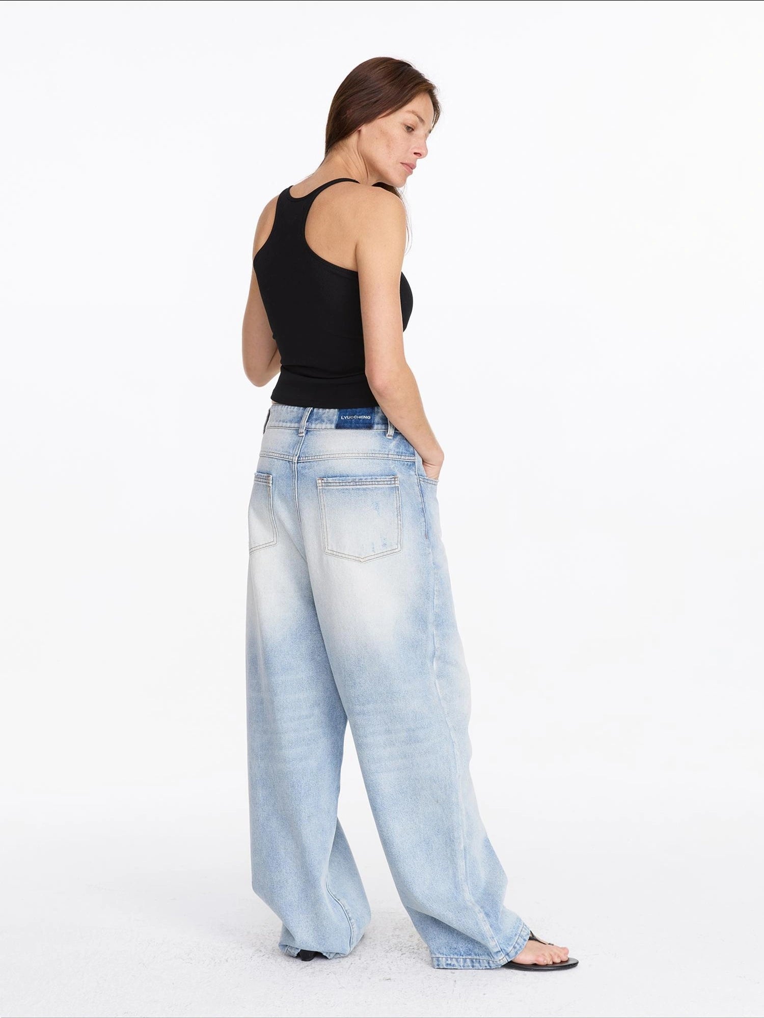LYUOCHENG Low Rise Ice Blue Washed Straight Leg Jeans