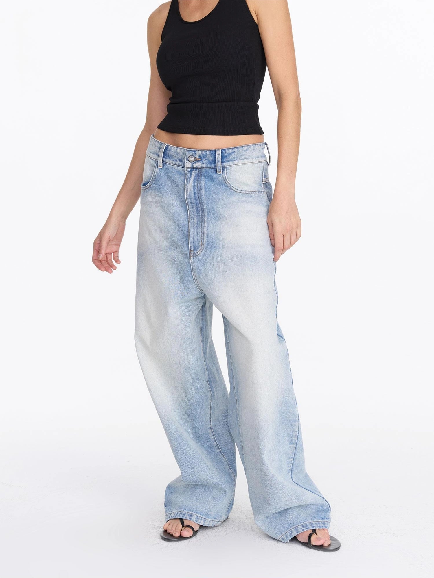 LYUOCHENG Low Rise Ice Blue Washed Straight Leg Jeans