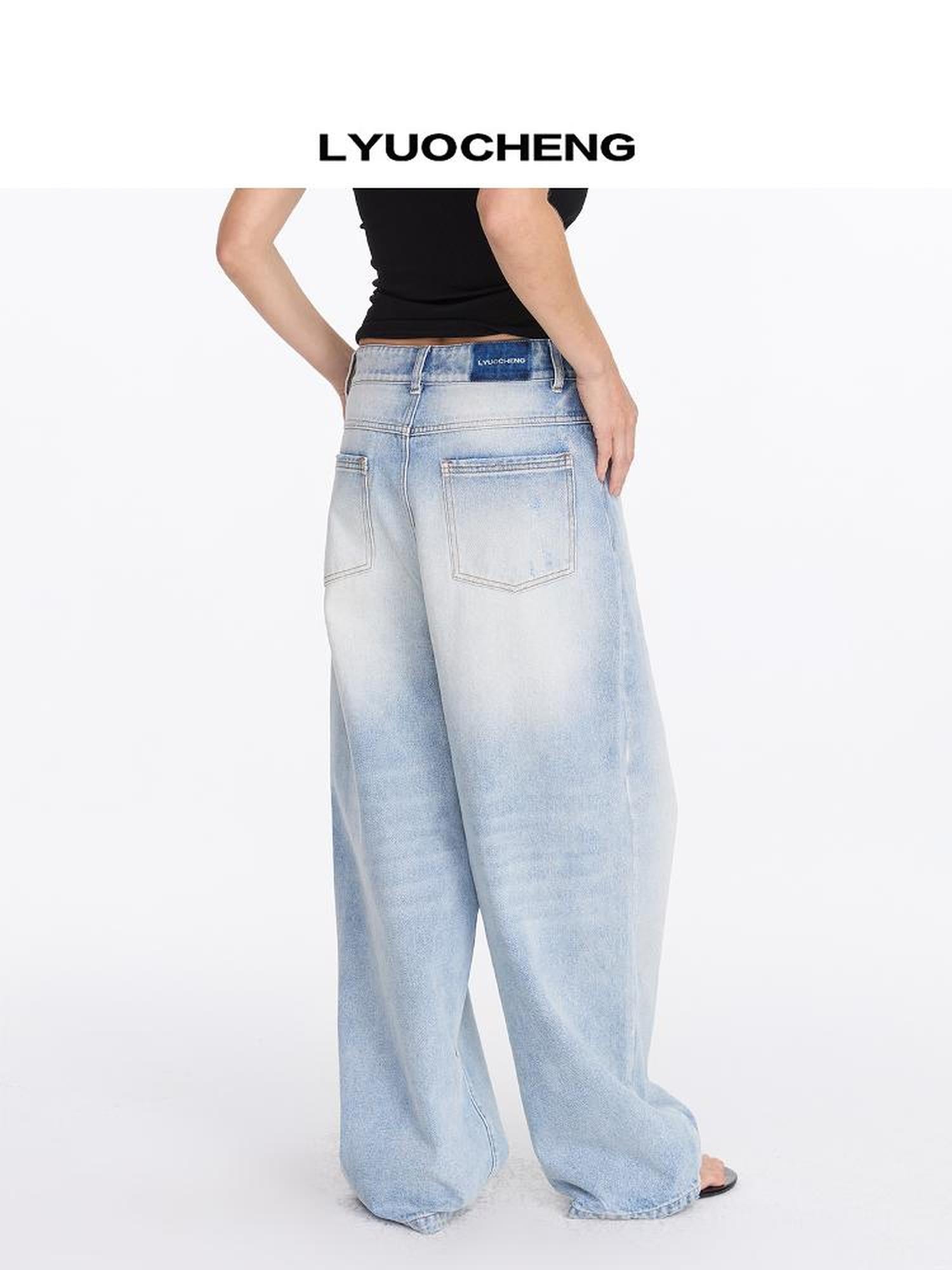 LYUOCHENG Low Rise Ice Blue Washed Straight Leg Jeans