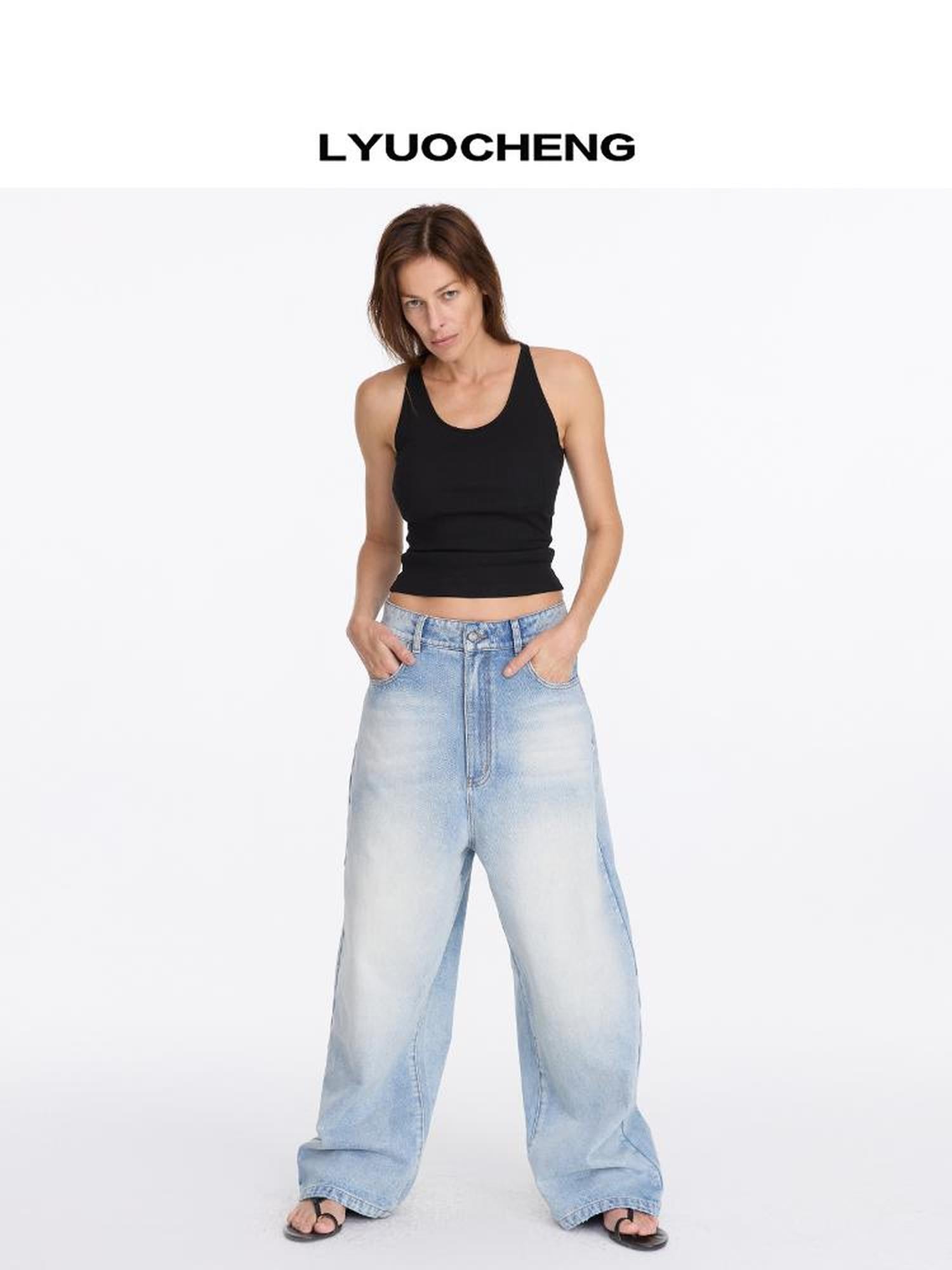 LYUOCHENG Low Rise Ice Blue Washed Straight Leg Jeans