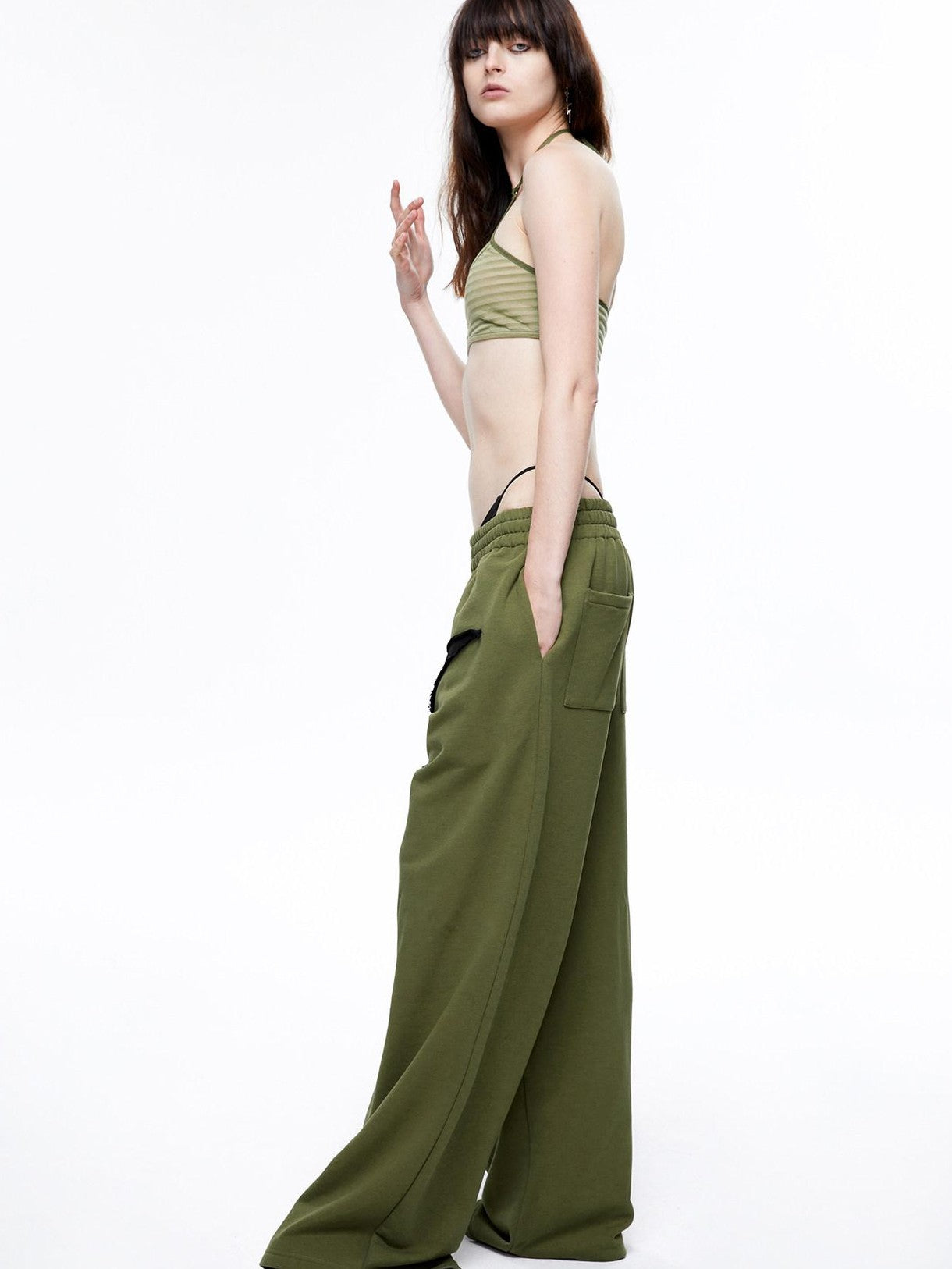 LYUOCHENG Military Green Five Star Patchwork Low Rise Wide Leg Women&