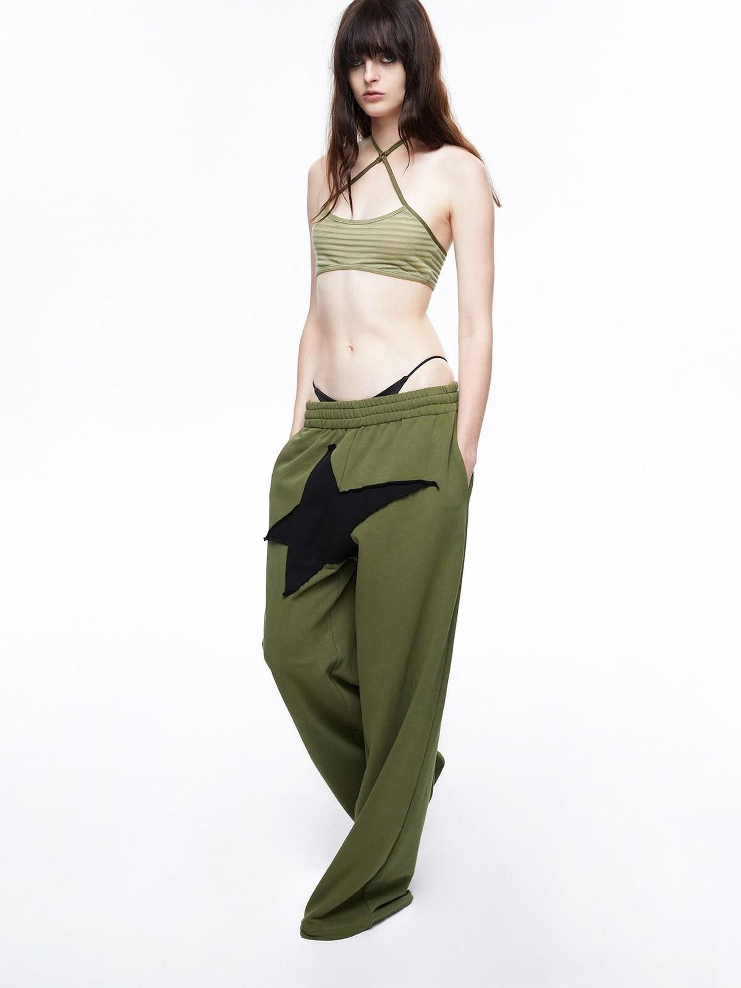 LYUOCHENG Military Green Five Star Patchwork Low Rise Wide Leg Women&