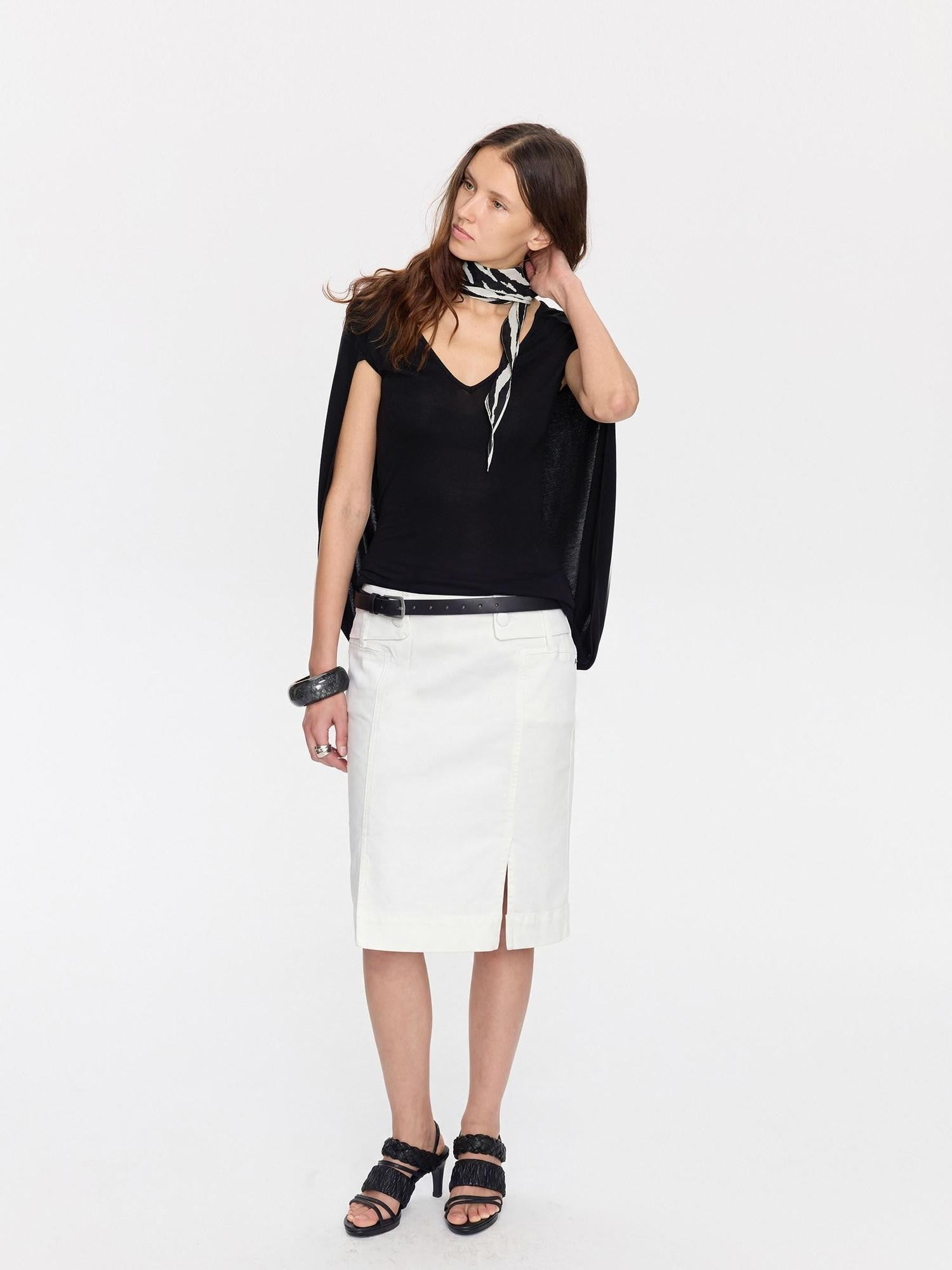 LYUOCHENG Minimal White Low Waist Button Belt Pencil Women&
