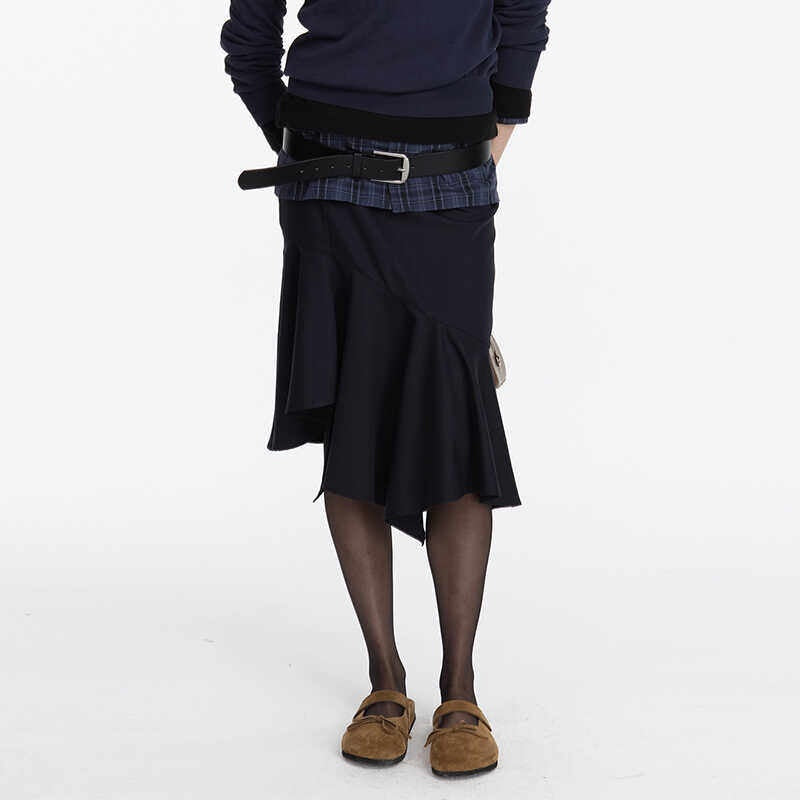 LYUOCHENG_Navy_Asymmetric_Hem_Panel_Ruffle_Women&