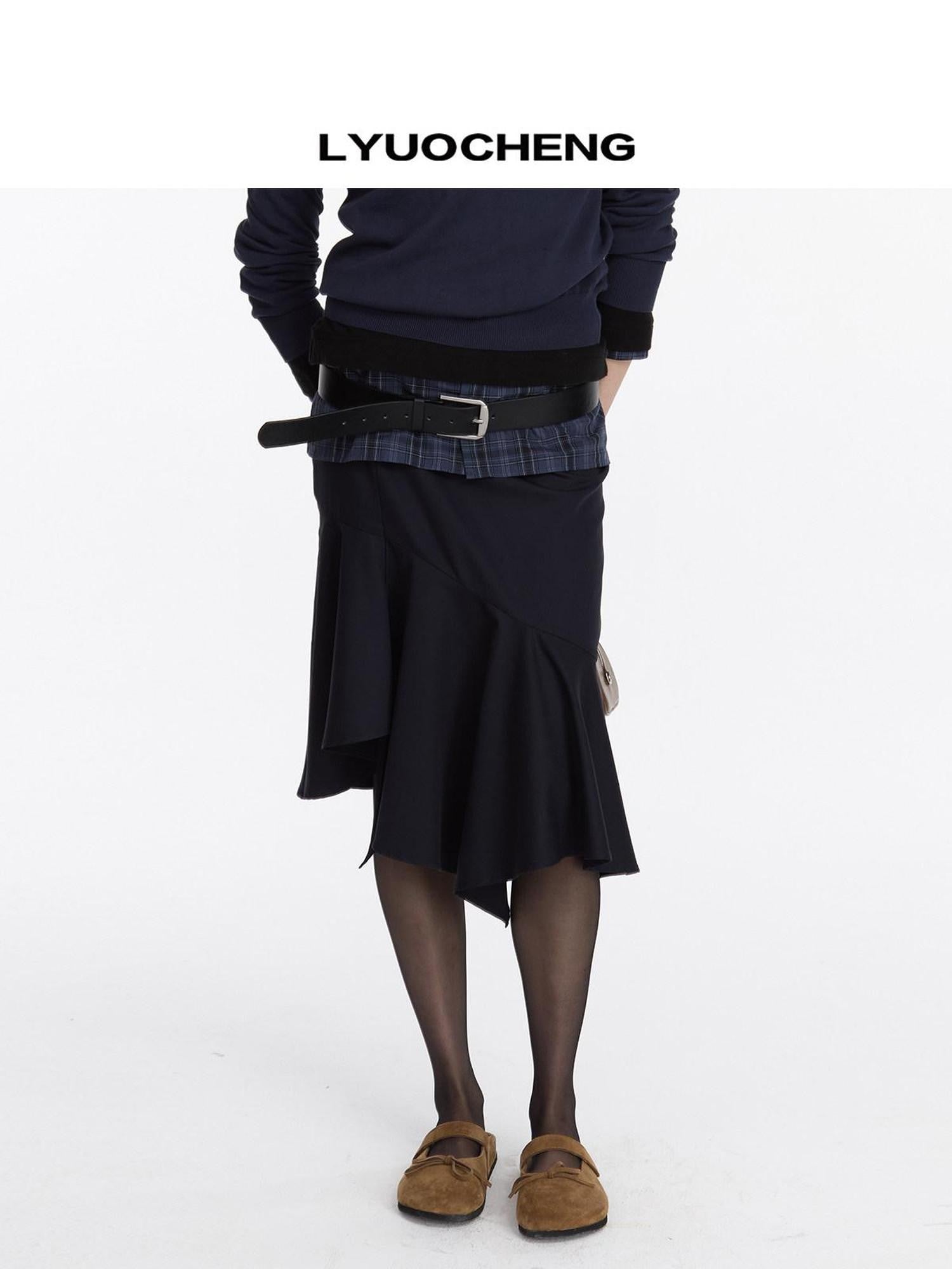 LYUOCHENG Navy Asymmetric Hem Panel Ruffle Women&