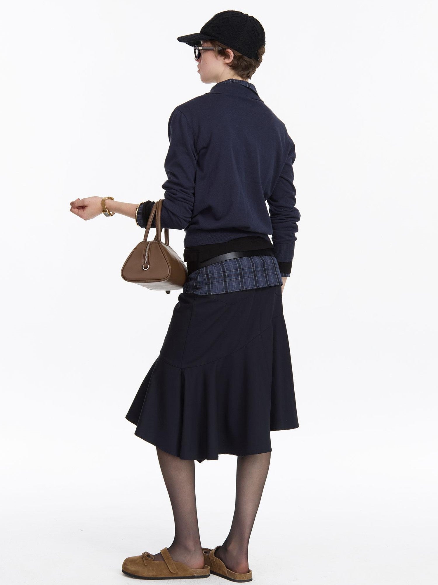 LYUOCHENG Navy Asymmetric Hem Panel Ruffle Women&