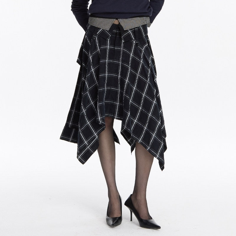LYUOCHENG_Navy_Plaid_Irregular_Tie_Detail_Vintage_Women&