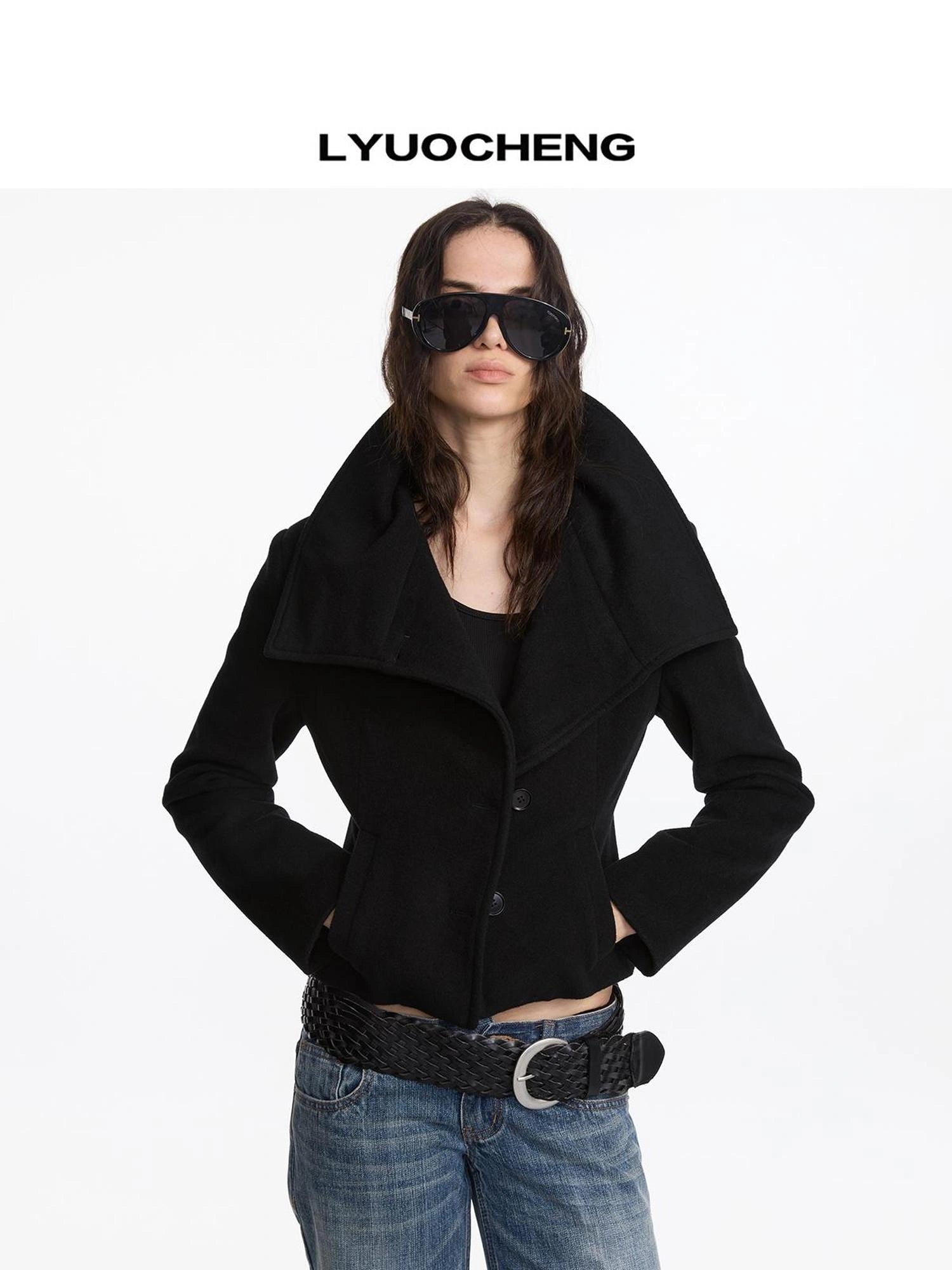 LYUOCHENG Oversized Lapel Wool Blend Short Coat