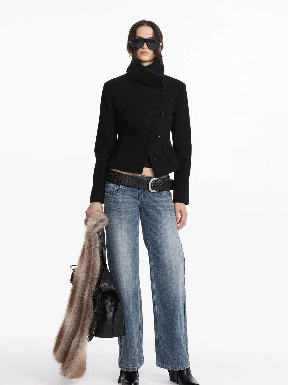 LYUOCHENG Oversized Lapel Wool Blend Short Coat