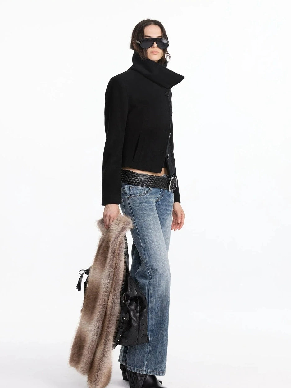 LYUOCHENG Oversized Lapel Wool Blend Short Coat