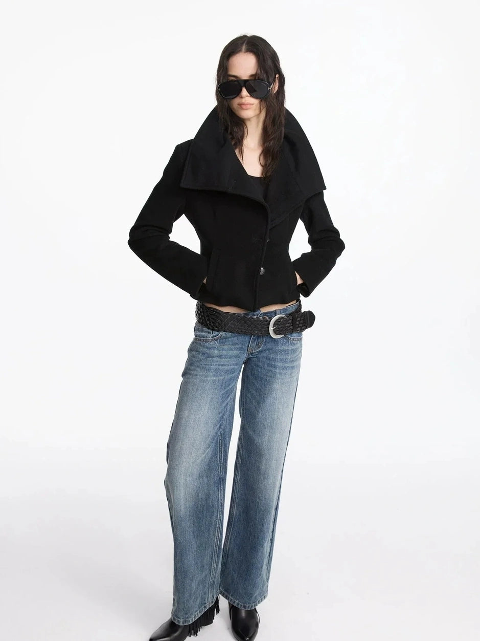LYUOCHENG Oversized Lapel Wool Blend Short Coat