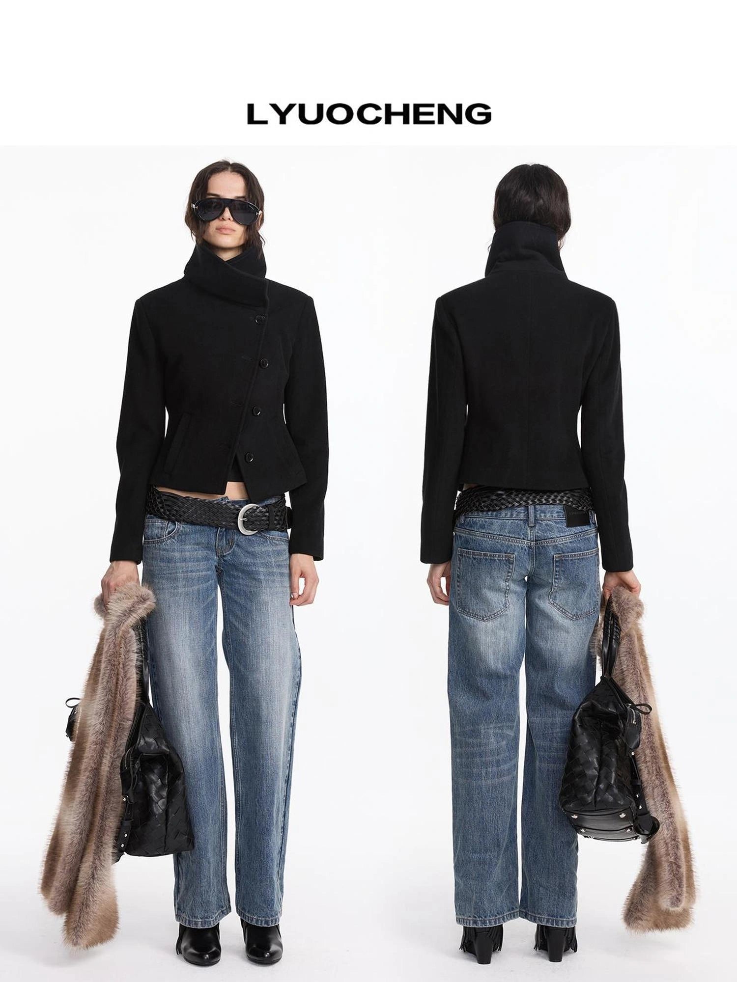 LYUOCHENG Oversized Lapel Wool Blend Short Coat