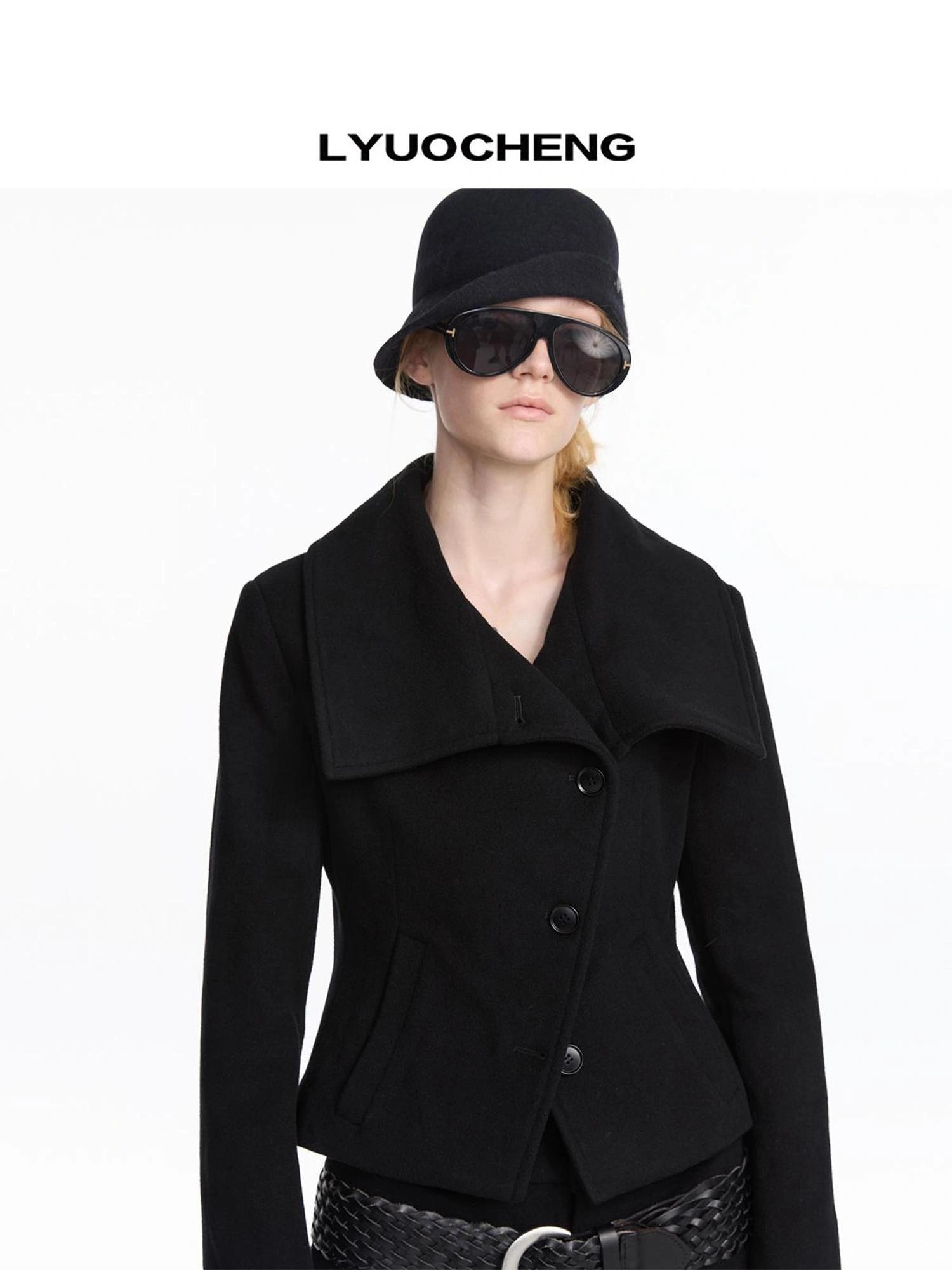 LYUOCHENG Oversized Lapel Wool Blend Short Coat