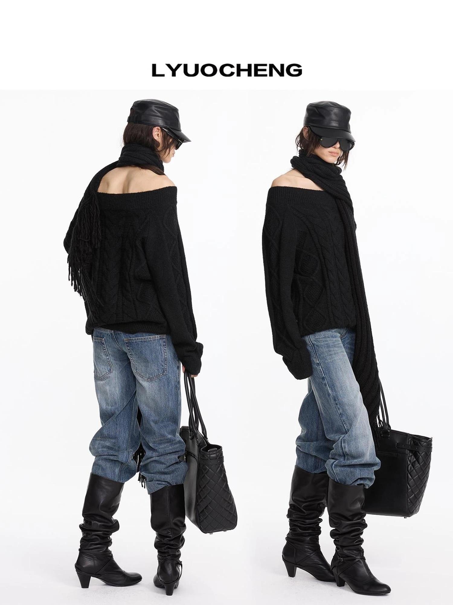 LYUOCHENG Oversized Off Shoulder Cable Knit Wool Sweater