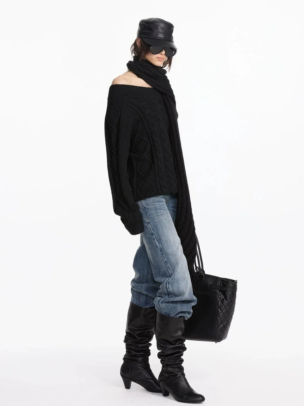 LYUOCHENG Oversized Off Shoulder Cable Knit Wool Sweater