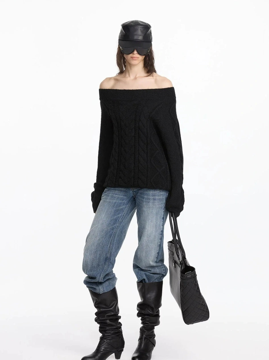 LYUOCHENG Oversized Off Shoulder Cable Knit Wool Sweater