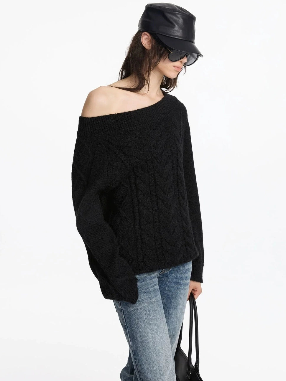 LYUOCHENG Oversized Off Shoulder Cable Knit Wool Sweater