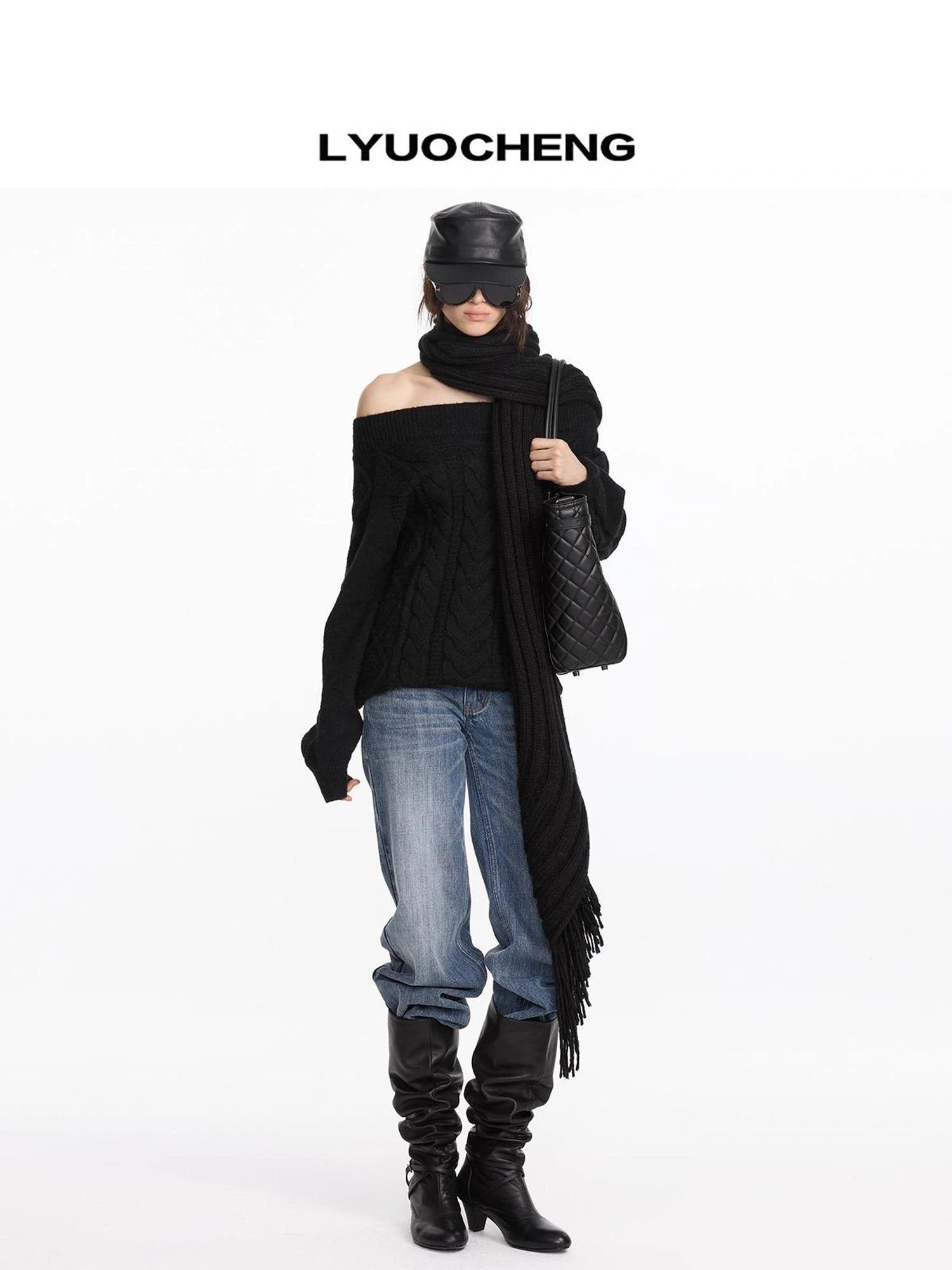LYUOCHENG Oversized Off Shoulder Cable Knit Wool Sweater