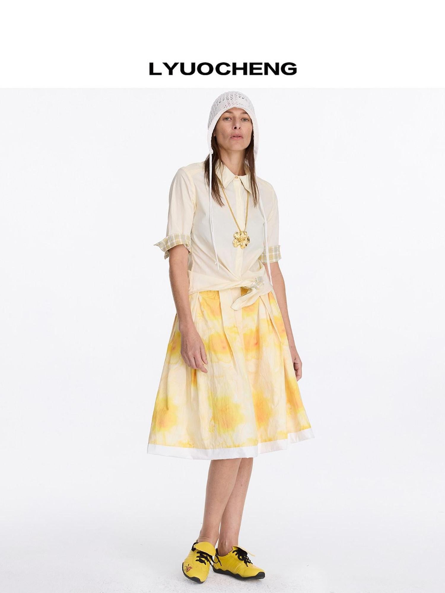 LYUOCHENG Pale Yellow Plaid Patchwork Collar Women&