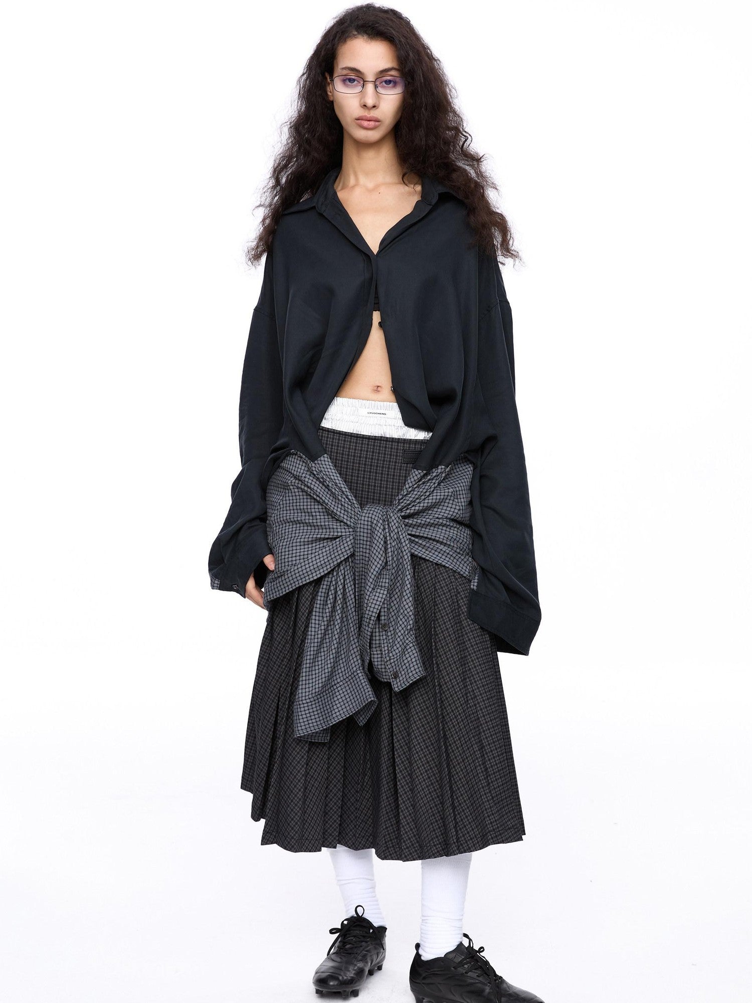 LYUOCHENG Plaid Double Collar Buttoned Midlength Loose Women&
