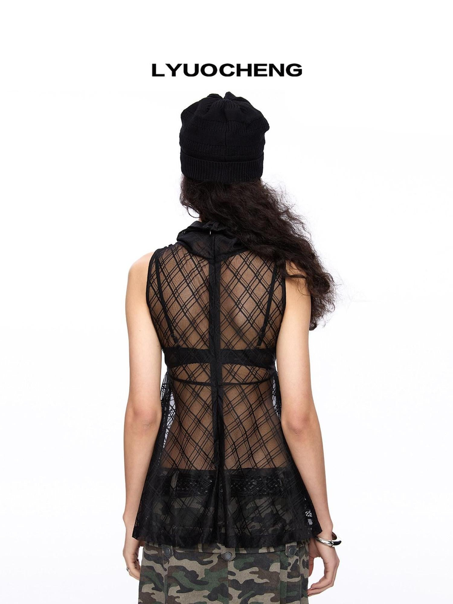 LYUOCHENG Plaid Mesh High Neck Vintage Women&